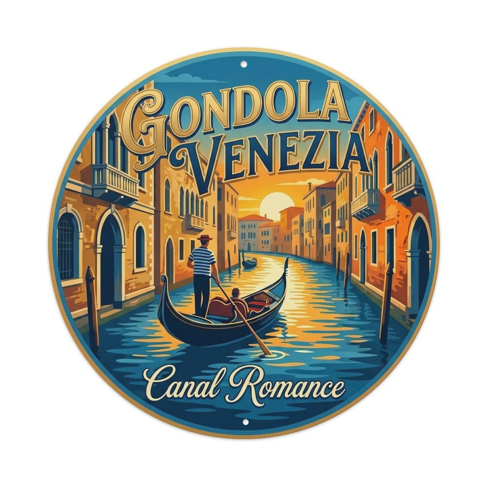 Vintage Travel Gondola Narrow Canal Metal Tin Sign Plaque Wall Decor for Cafe, Club, Garden Round Metal Poster 8x8Inch