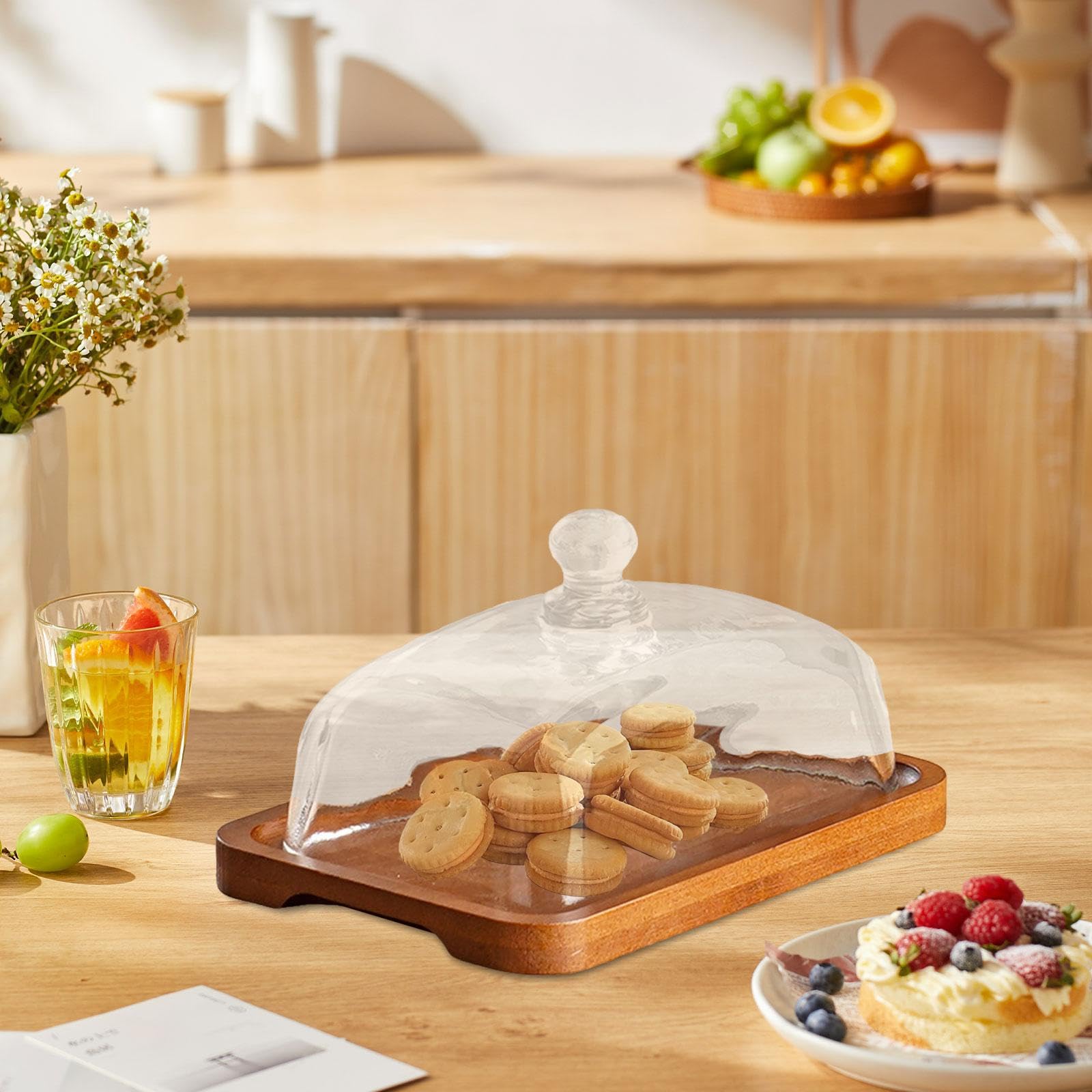 Holz Kuchenständer Glas Haube Käseteller Servierplatte Gebäck Tablett Aus Holz mit Einzigartigem Design für Party Hochzeit Küchen Appetithä, Dunkle Holzfarbe