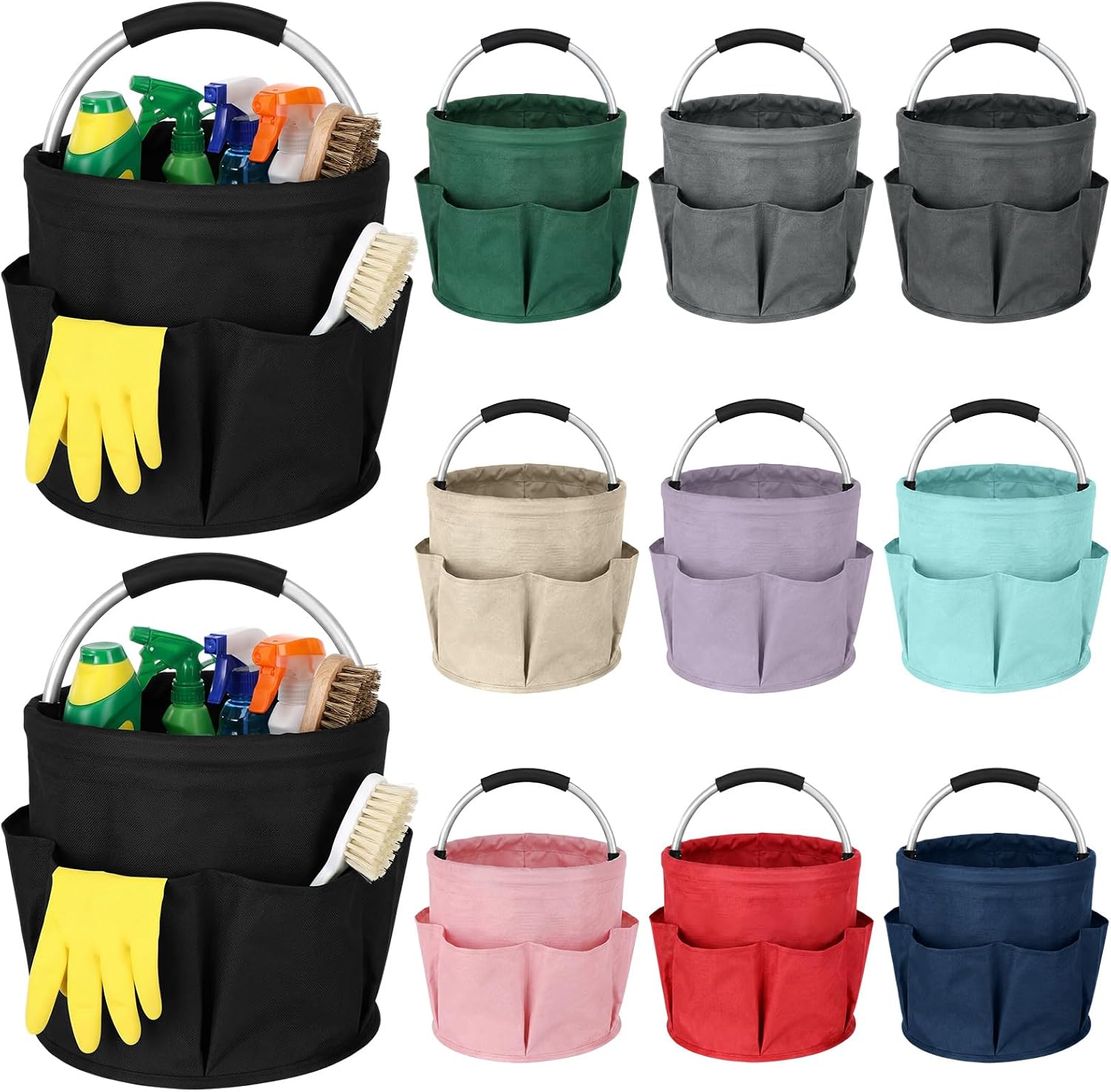 LemonRoad 10 Pack Cleaning Caddy with Handle Bulk 17L Collapsible Cleaning Supplies Organizer, Waterproof Oxford Cloth Tote with 6 Pockets & Soft Grip Handle for Housekeeping, Office, Home, Garden