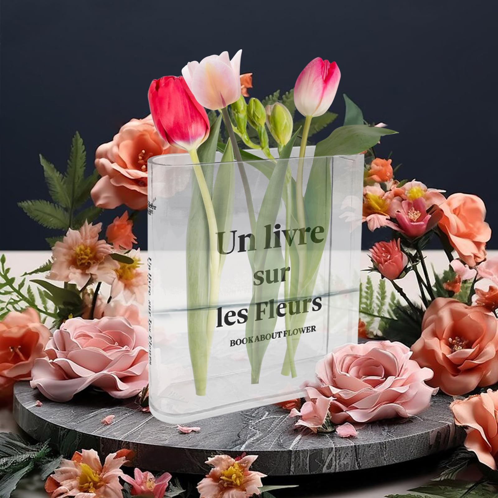 Vase En Forme De Livre Transparent - 20x15x4 Cm En Acrylique - Pour Fleurs Fraîches Ou Séchées, Décoration Salon/bureau - 6