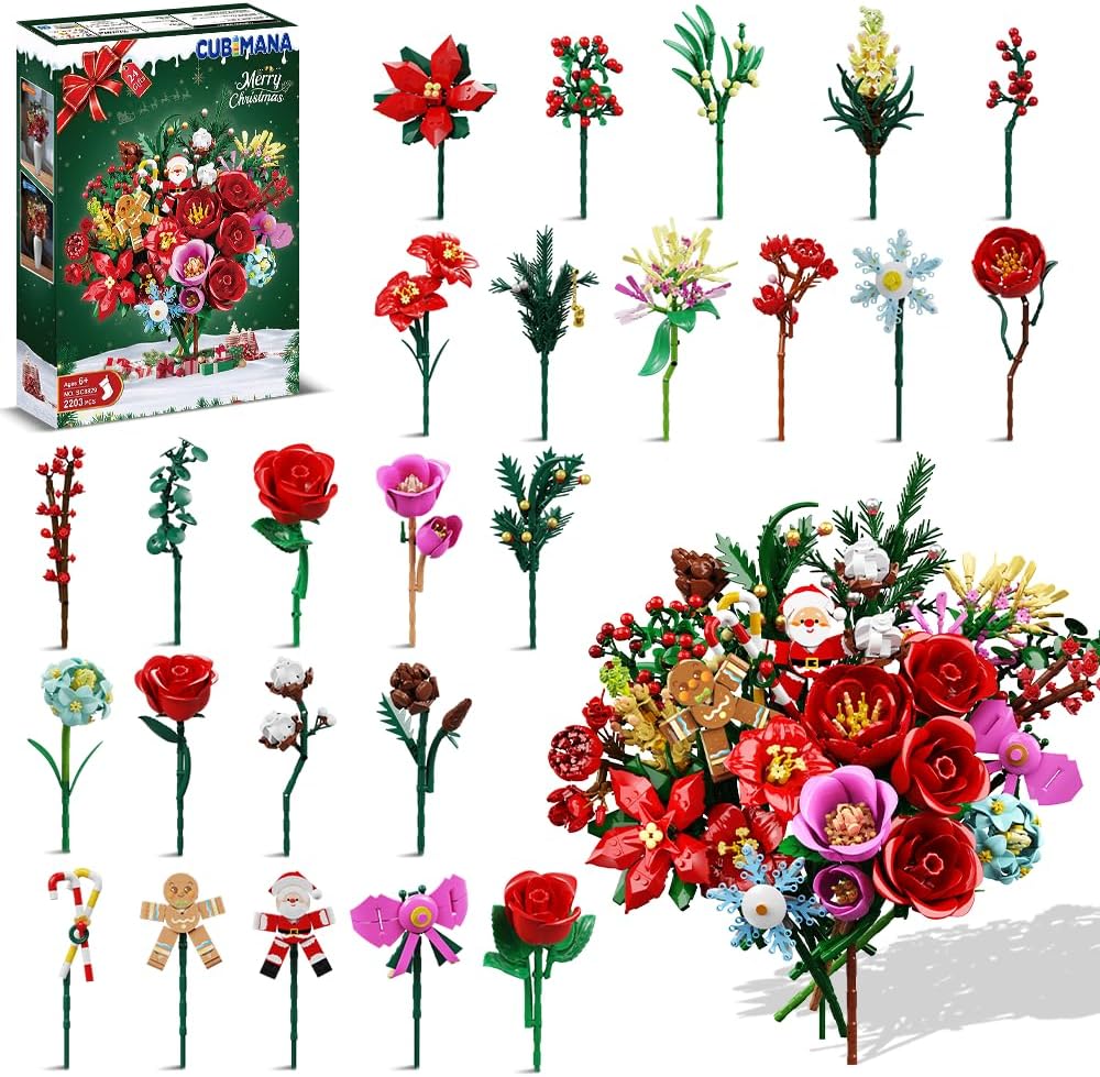 CUBIMANA 25er-Pack Blumen Bauspielzeugset mit LED, Klemmbausteine Weihnachten Set, 2203 Stück Botanicals Blumenstrauß für Erwachsene Pflanzen Home Deko, Rosen Bausätze Geschenk für Mädchen Kinder 12+