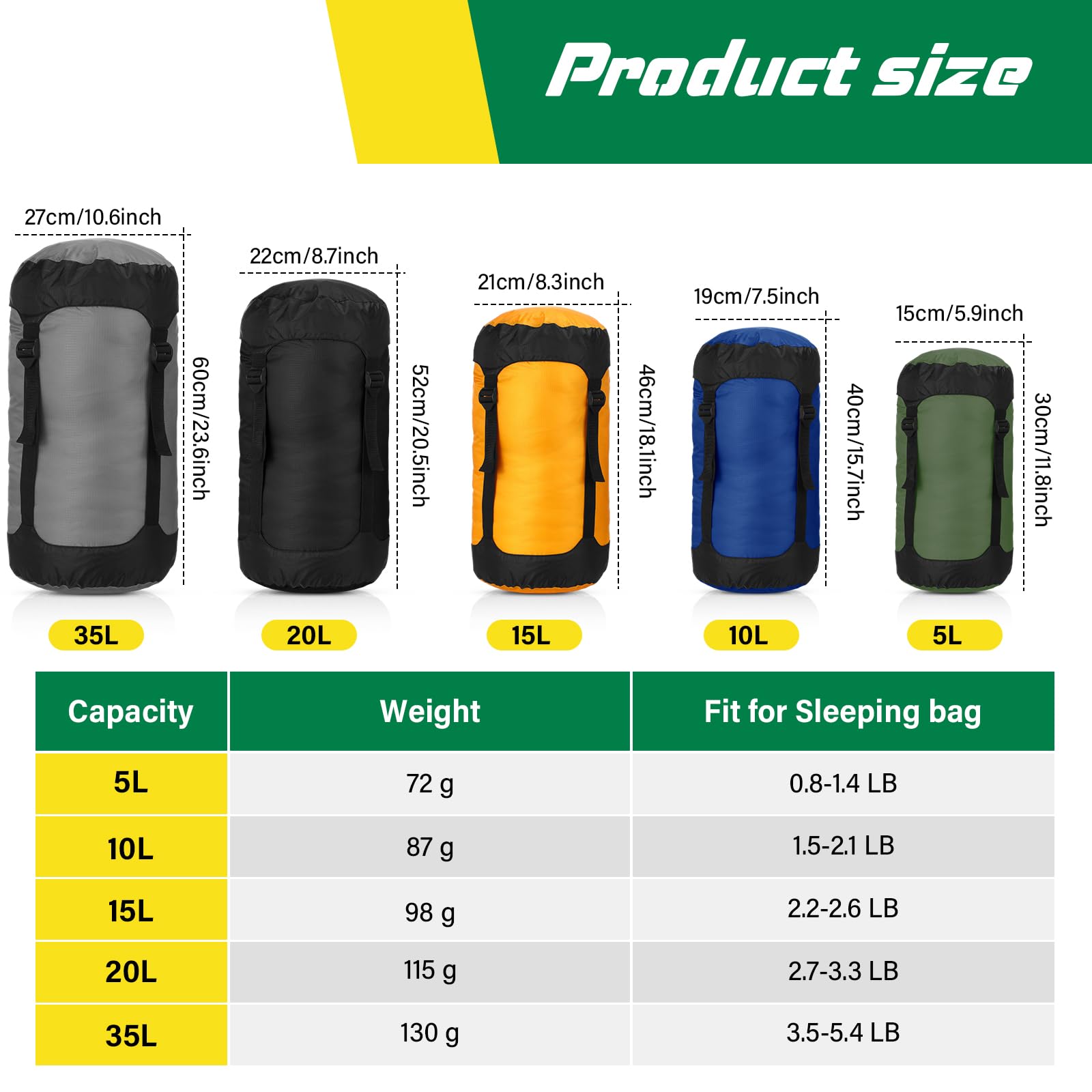 GliCraft 5 Pcs 5L/10L/15L/20L/35L Camping Sleeping Bag Compression Sacks for Backpacking Water Resistant Sleeping Bag Stuff Sack Space Saving Storage Sack for Hiking Gear(Dark Colors)