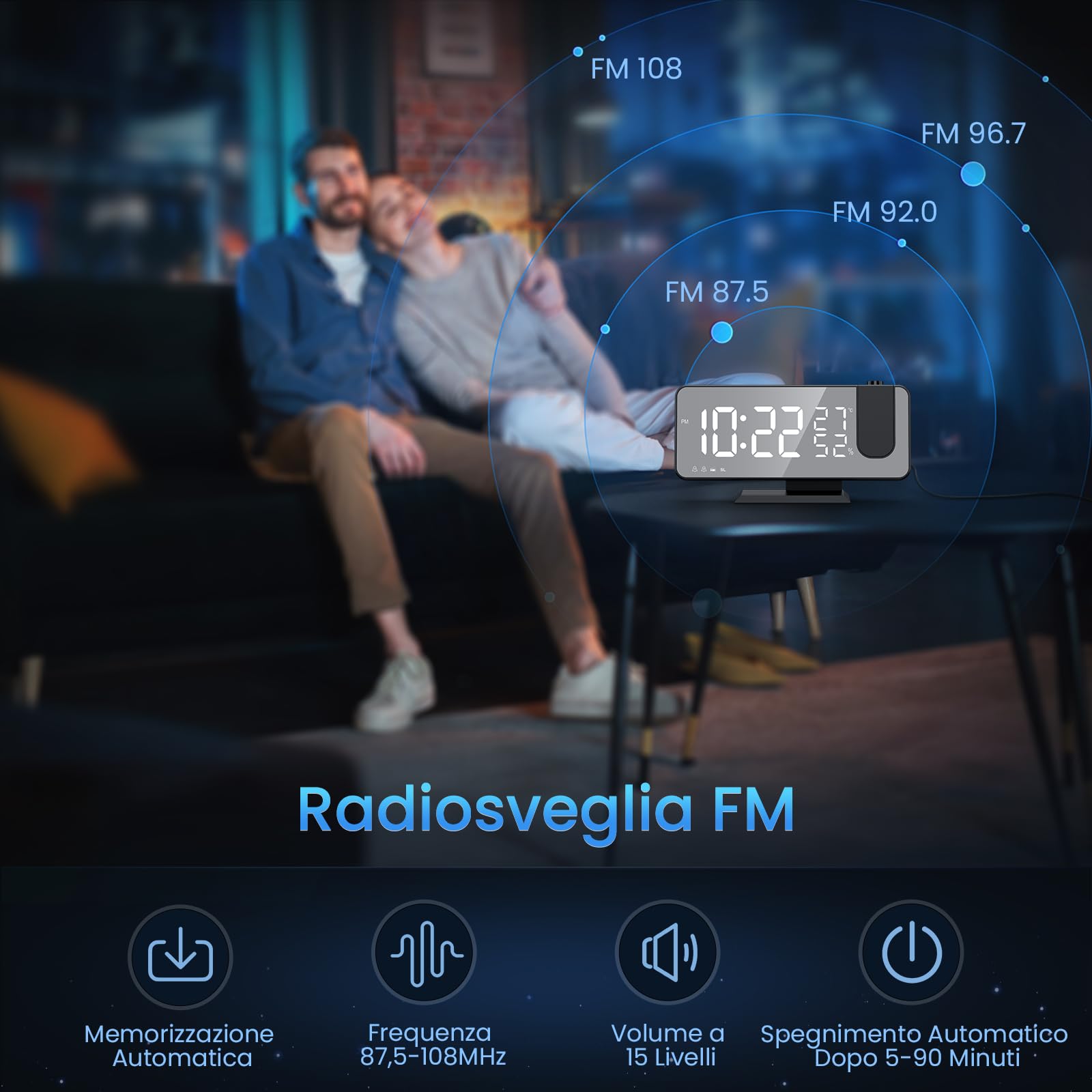 Sveglia Digitale da Comodino con Proiettore, FM Radio, USB Doppi, 3 Livelli Luminosità, Snooze, 15 Livelli Volume, 12/24h