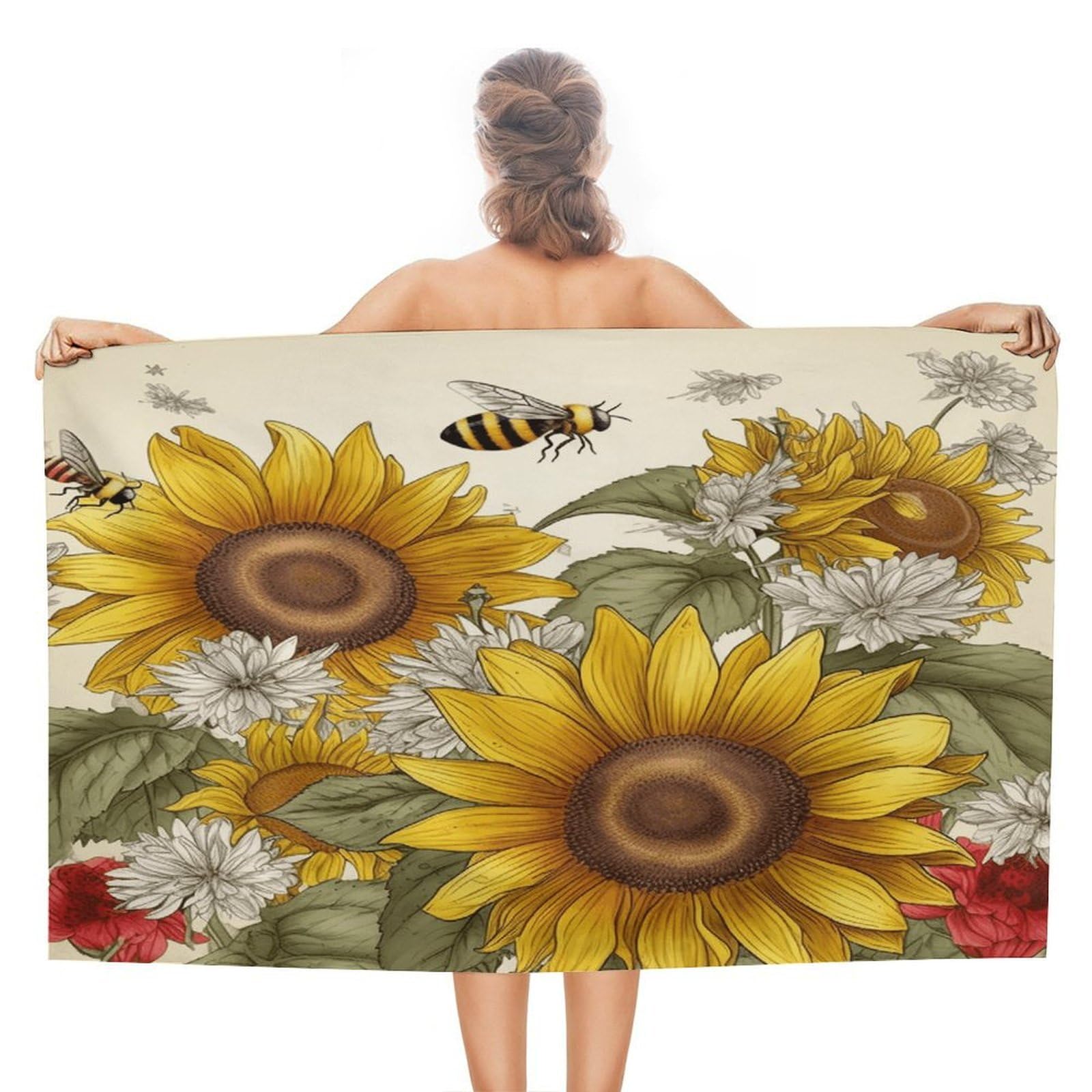 VstaDank Bees Sunflowers Daisy Rose Flowers Beach Towel 51x31 Inch Oversized Soft Bath Towel Luxury Plush Thick Hotel Swim Pool Towels Super Quick Dry Travel Towels for Camping Gym Sports Yoga