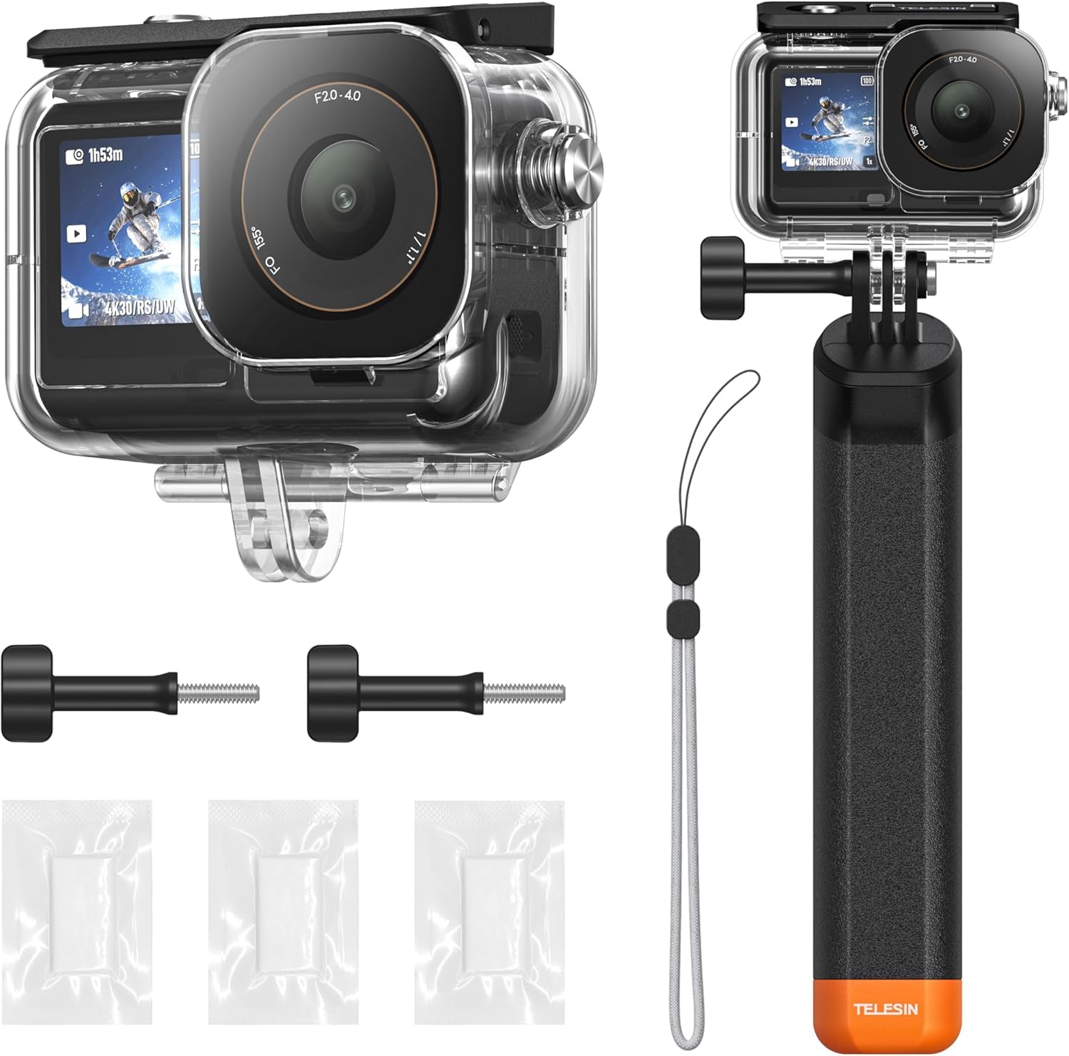 TELESIN wasserdichte Hülle Set für DJI Action 6, Unterwassergehäuse mit Schwimmender Selfie Stick & Schnellwechselhalterung, 60M/196FT Tauchgeeignet für Schnorcheln & Tauchen, Action 6 Zubehör