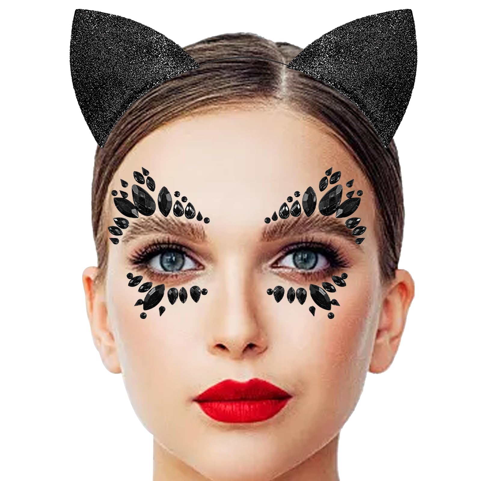 YJSDDNTY Katzenohren Haarreif mit Glitzersteine Gesicht,Halloween Katze Ohren Haarband,Katzen Ohr Haarband +Schwarzer Glitzer Strass Gesicht,Edelsteine Temporäre Tattoos,Party,Halloween