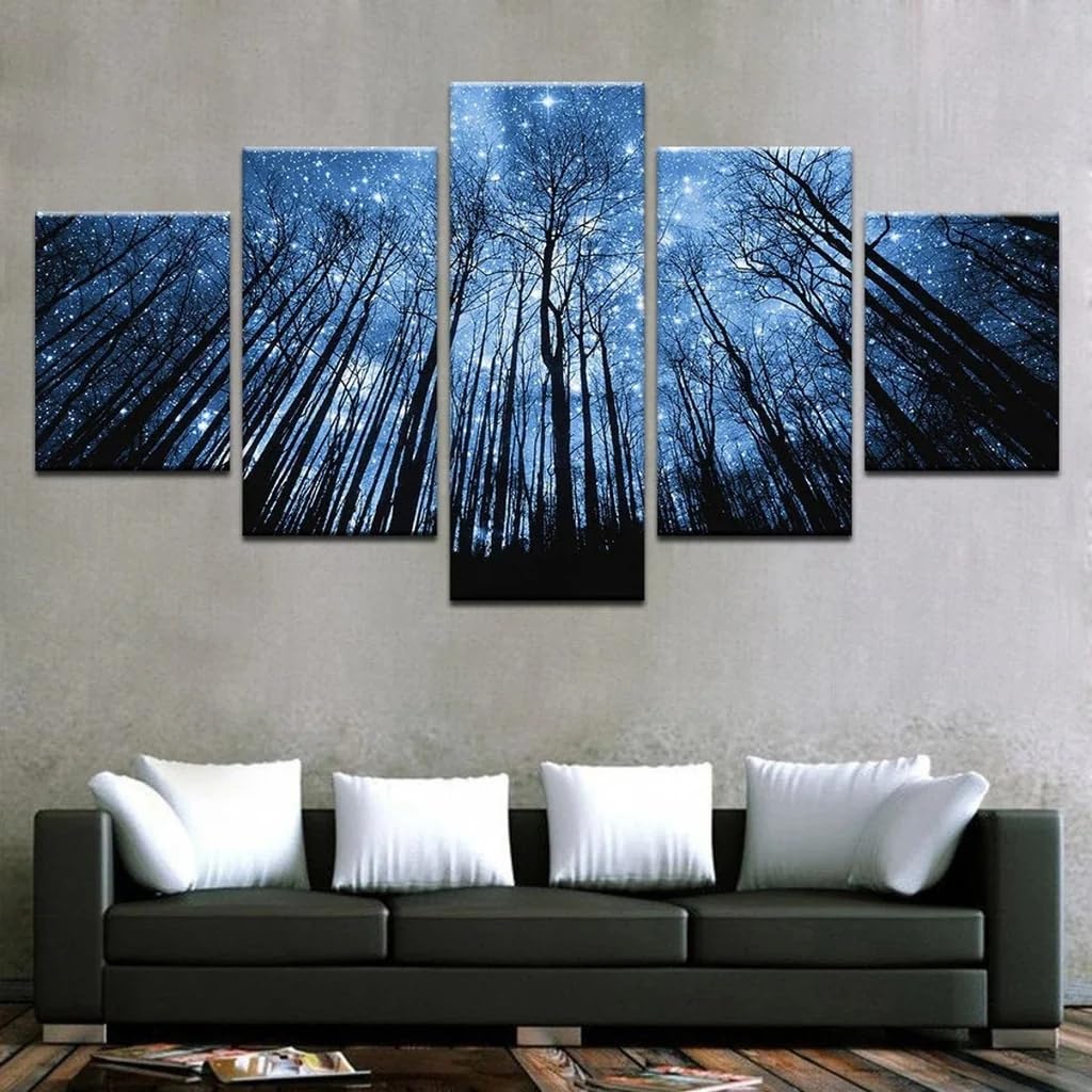 Cadre decoration murale forêt étoilée en 5 panneaux premium - 7