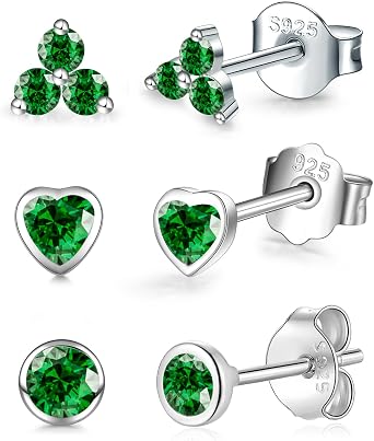 Sterling Silver Studs Earrings Set for Women Men, 3 Pairs Hypoallergenic Flower Heart Round Cubic Zirconia Stud Cartilage Helix Studs for Multiple Piercing (Silver/Pink/Blue/Green/Purple)