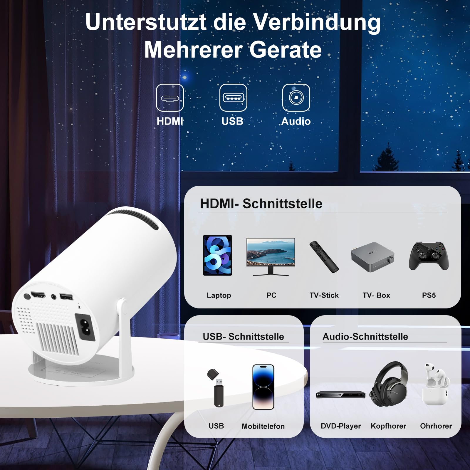 Mini Beamer 4K Unterstützt Android 11,Beamer Handy Outdoor 180°Drehbarer,Mini Projector 5G WiFi 6 BT 5.0,130 Zoll Geeignet für Telefon/PC/HDMI USB,Smart Projector für Handy Phone/TV Stick/Laptop/HDMIv
