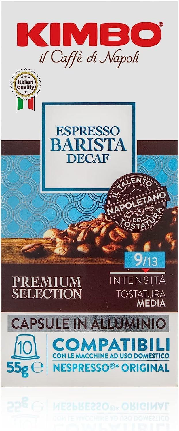 Kimbo Coffee Espresso Barista Decaf Capsules (1 x 10) | Nespresso Machine Compatible | Decaffeinated Aluminium Coffee Pods | Italian Medium Dark Roast Espresso