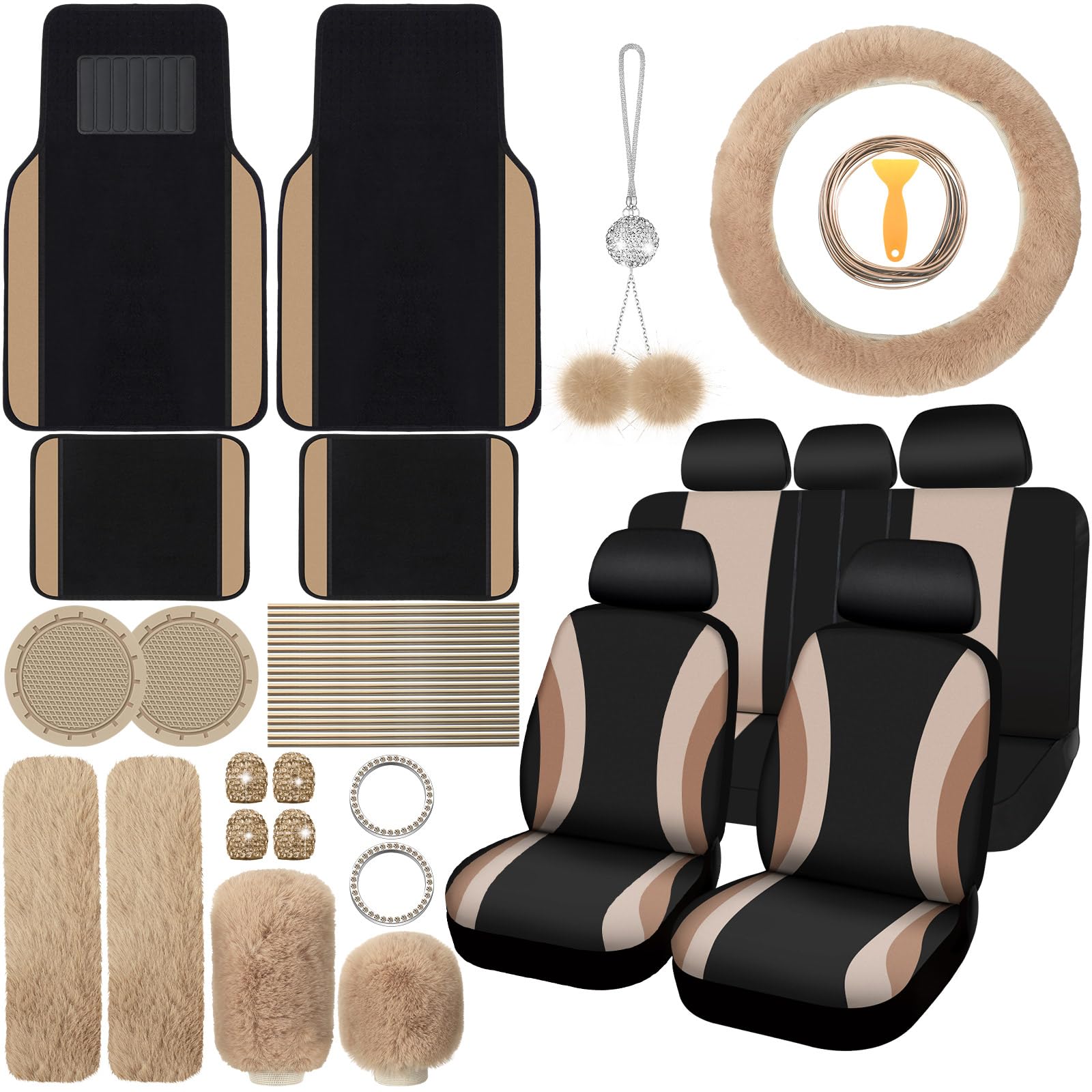 47 Pcs Car Seat Cover Full Set Car Accessories for Car Front Rear Seat Cover Fluffy Steering Wheel Cover Seat Belt Automotive Floor Mats Car Air Conditioner Decoration Strip (Beige)