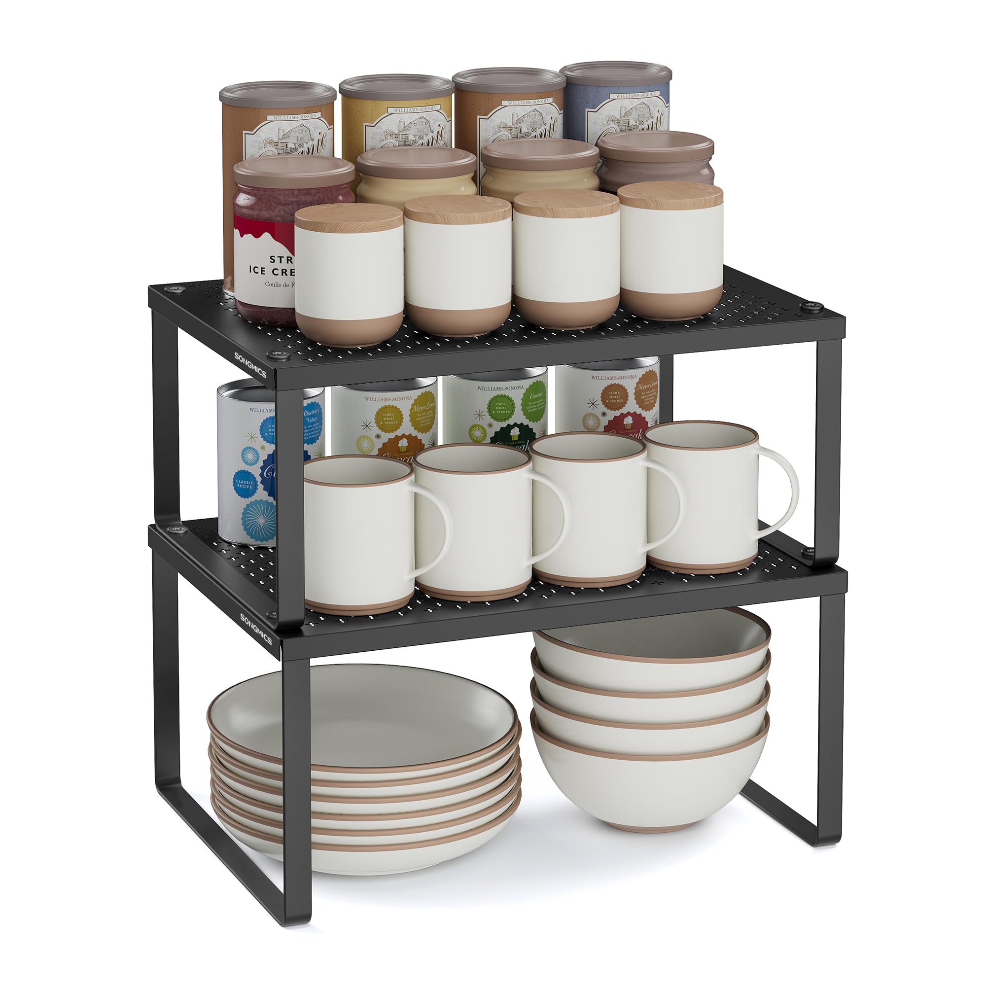 Songmics Ink Black Spice Racks, Set Of 2 Cupboard Organisers, Kitchen Storage, Stackable, Expandable, Metal Counter Shelves, Kcs001b01