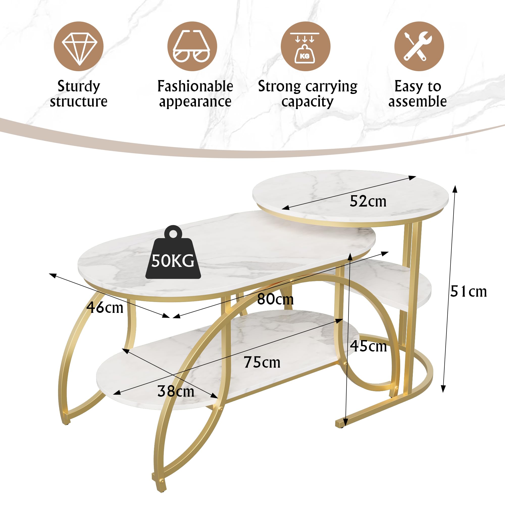 Set di 2 tavolini rotondi e ovali, con vano portaoggetti, effetto marmo, telaio in metallo, tavolo da salotto, tavolino da caffè, bianco e oro