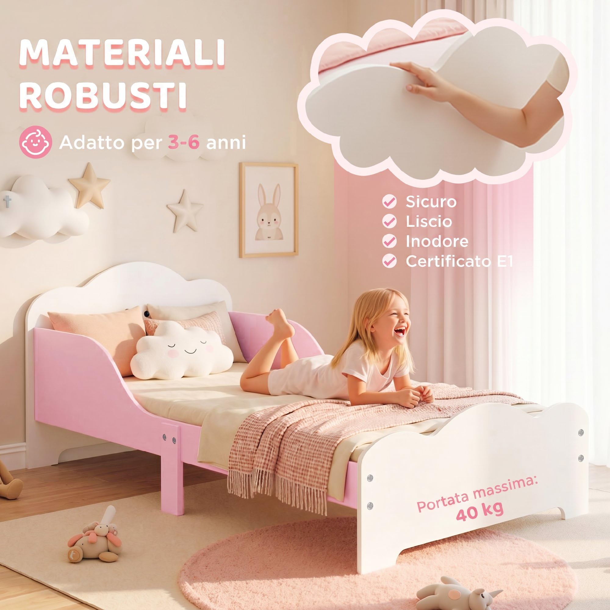 AIYAPLAY Letto Montessori per Bambini 3-6 Anni in Legno 143x77 cm Rosa | Lettino Singolo per Bambini, Sponde Anti-Caduta, Rete a Doghe, Forma di Nuvola, per Cameretta