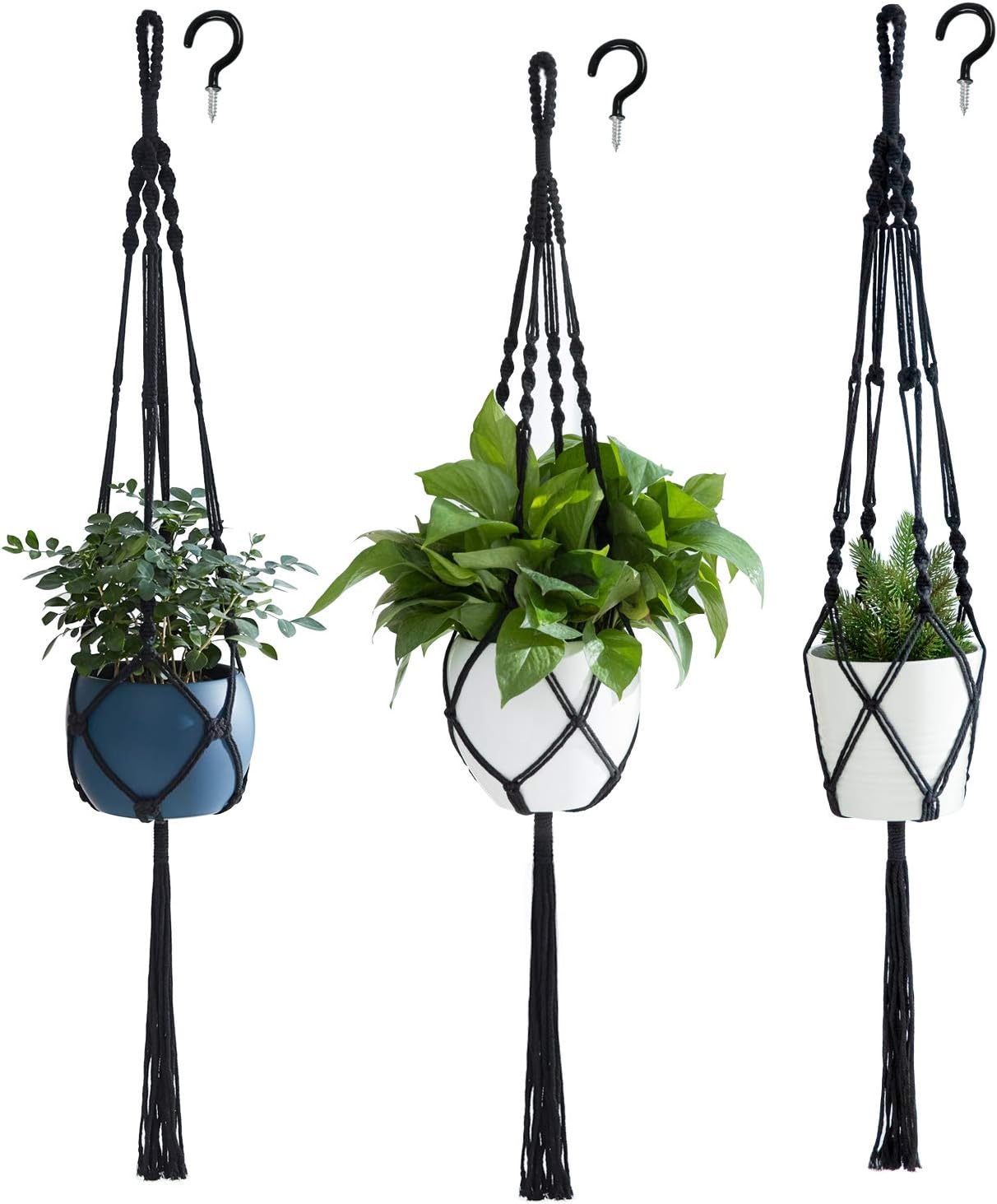 PROTITOUS Macrame Plant Hanger 3pcs Black Indoor Hanging Planter Basket Flower Pot Holder Cotton Rope with Ceiling Hook,Same Size,4 Legs 37 Inch