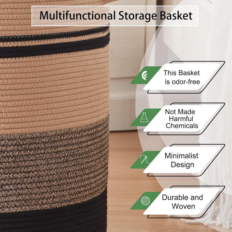 Image of Storage Rope Laundry Hamper Basket for Clothes, Towels and Blankets in Livingroom, Bedroom, Laundry Room and Basket for Nursery Storage (Size - 15 inch x 15 inch x 18 inch) (Beige Black Stripe)