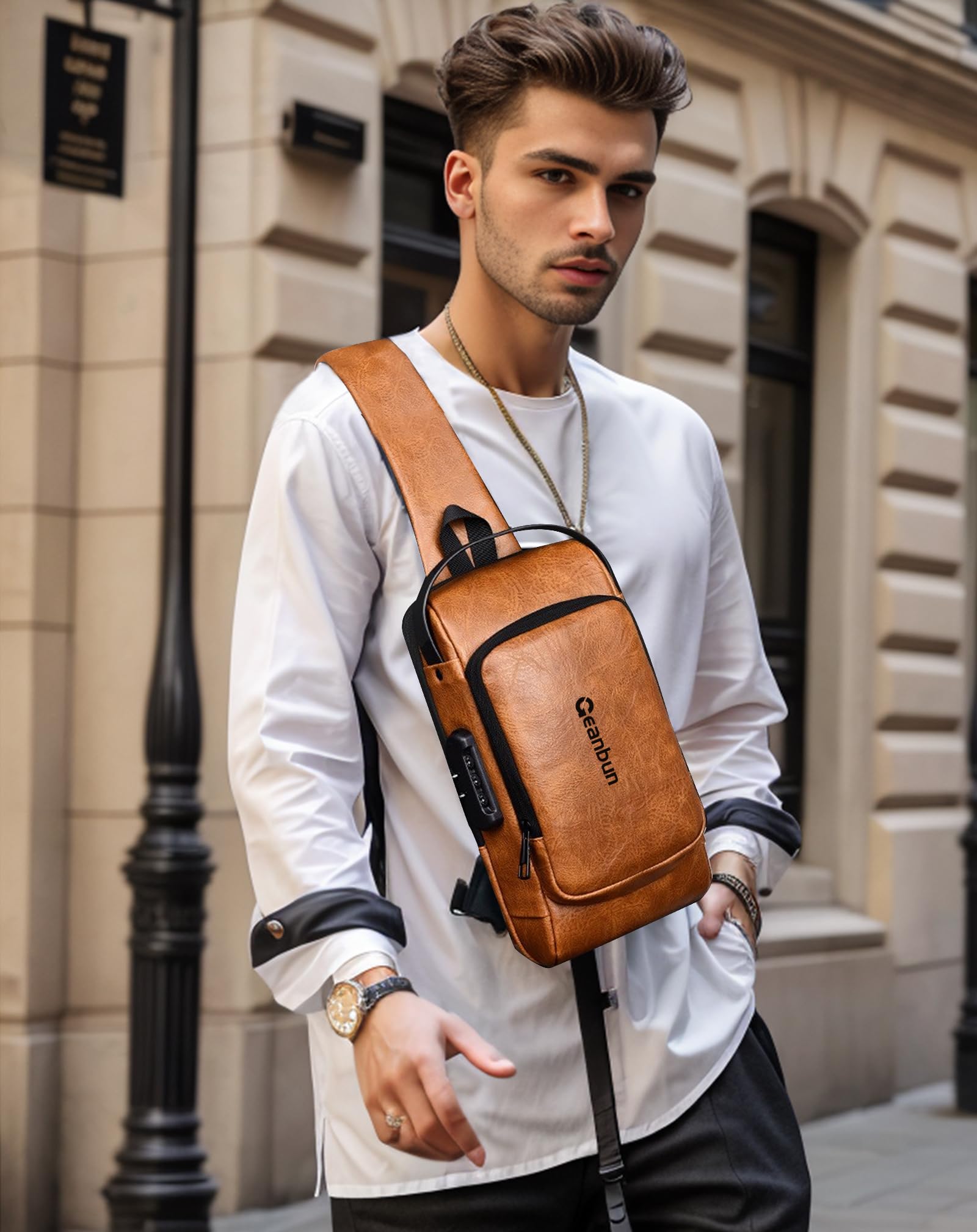Mochila cruzada USB antirrobo para hombre, mochila impermeable para el pecho, Marrón-2, Moda 5