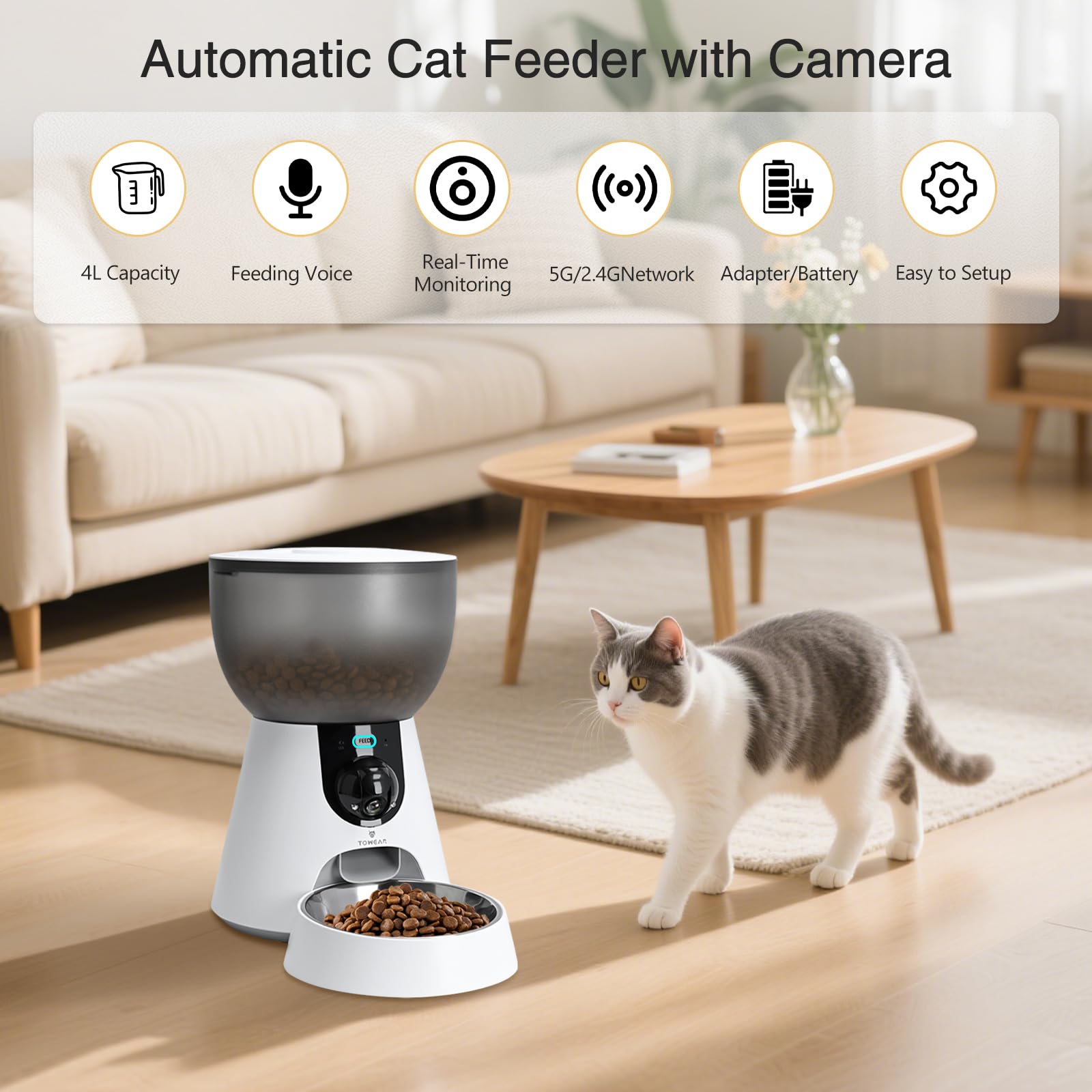 Alimentatore automatico per animali domestici con fotocamera, alimentatore per gatti WiFi da 5 GHz/2,4 GHz, capacità 4 l, 1-10 pasti/giorno con promemoria batteria scarica, voce bidirezionale