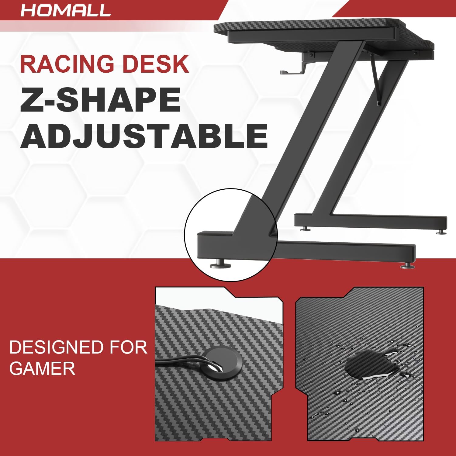 Homall Gaming Tisch 120 x 60 cm, Z-Frame Gamer Schreibtisch mit Kopfhörerhaken & Getränkehalter, Kohlebeschichtung Ergonomischer PC Computertisch, Stabiler Tisch