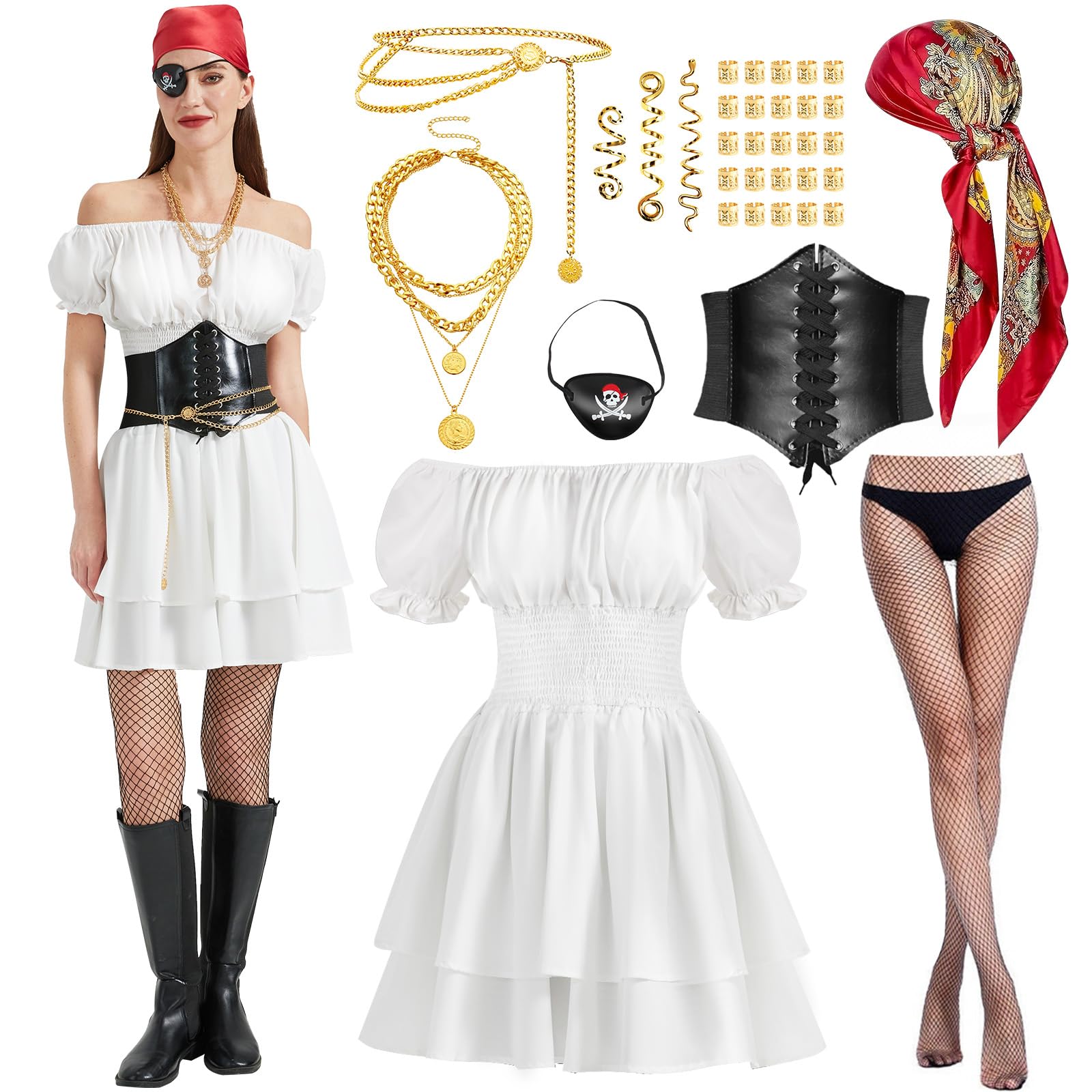 Joellfuner Costume Pirata Donna, Vestito Bianco Pirata Donna, Priatecostume con Corsetto, Calza, Bandana, Accessori per Capelli, Collana e Catena da Vita per Halloween Carnevale