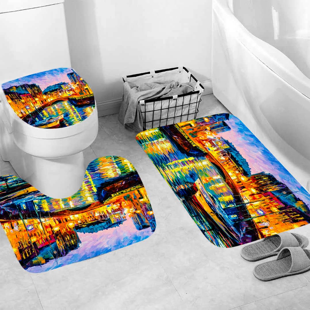 Alfombra Baño Estilo De Pintura Al Óleo Juego De 4 Alfombras De Baño Lavable,Alfombra Baño Secado Rapido - Alfombra De Baño*1+Tapa del Inodoro*1+ Alfombra*1 Tipo U+Cortinas De Baño180X180 45X75Cm