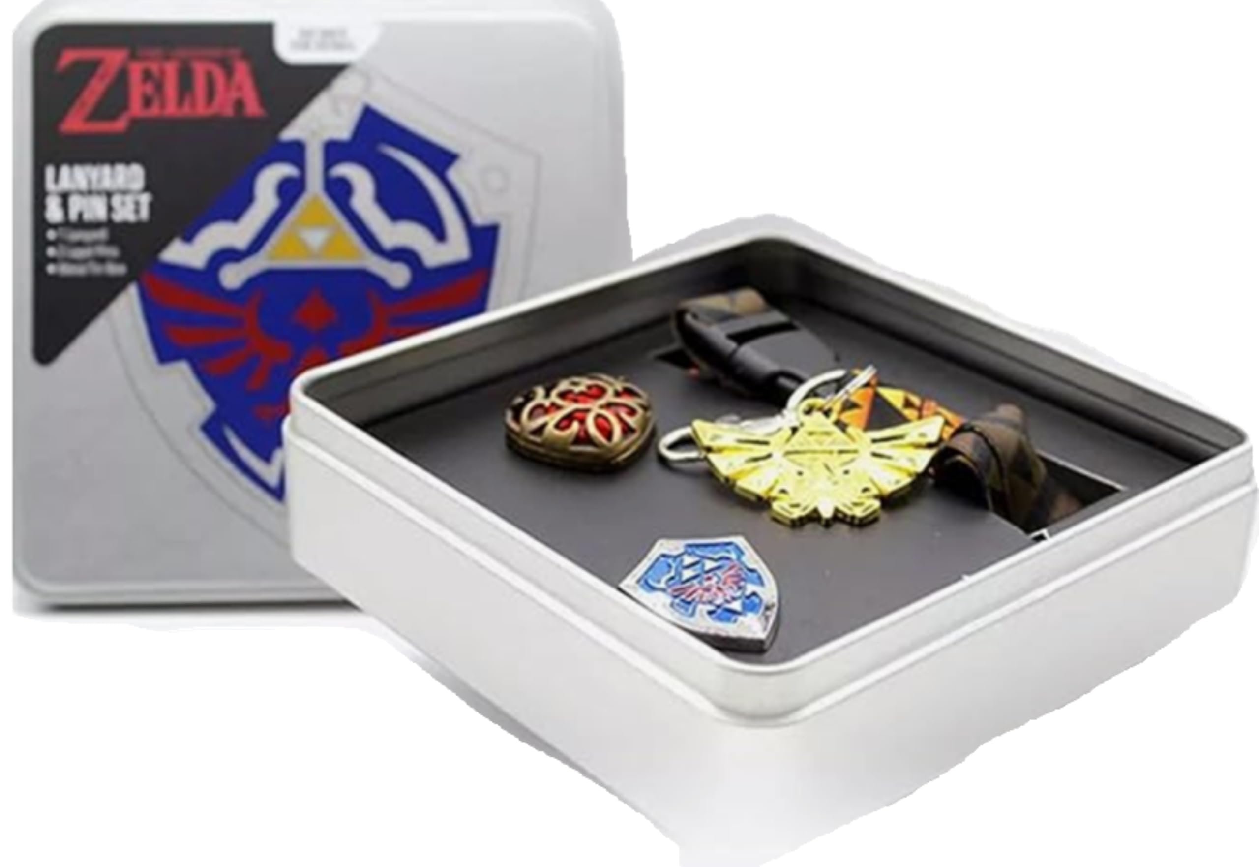 BIOWORLD Zelda Gaming Collectible 3 Piece Tin Box Gift Set - Shield and Heart Container Lapel Pin and Hyrule Crest Lanyard