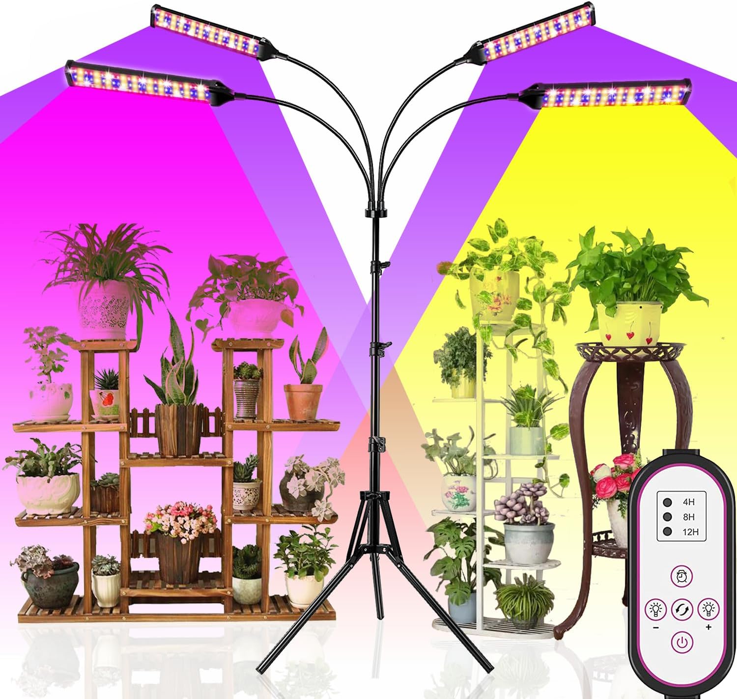 Plant Grow Light with Stand, 420LEDs Sunlight Full Spectrum Floor Plant Light with Timer, 10 Dimmable Levels 4 Head Plant Lamp for Indoor Plants with Stand for Veg and Bloom