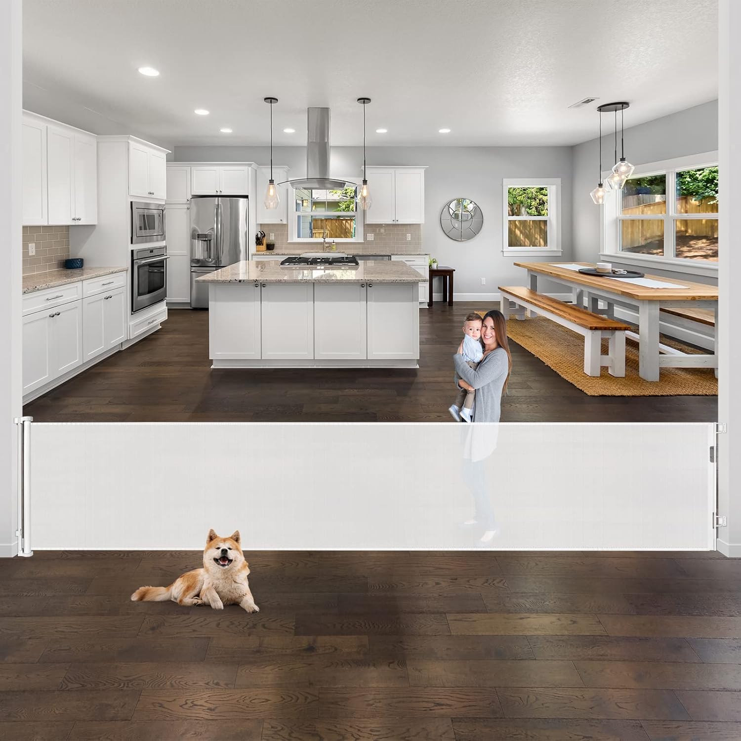 Retractable 168 Inch Extra Long Baby Gates for Large Openings Scratch-Resistant Retractable Pet Gates for Wide Openings Easy Operation Extra Wide Baby Gate for Stairs Mesh Dog Gate for Doorway, White White 33" Tall x 168" Wide