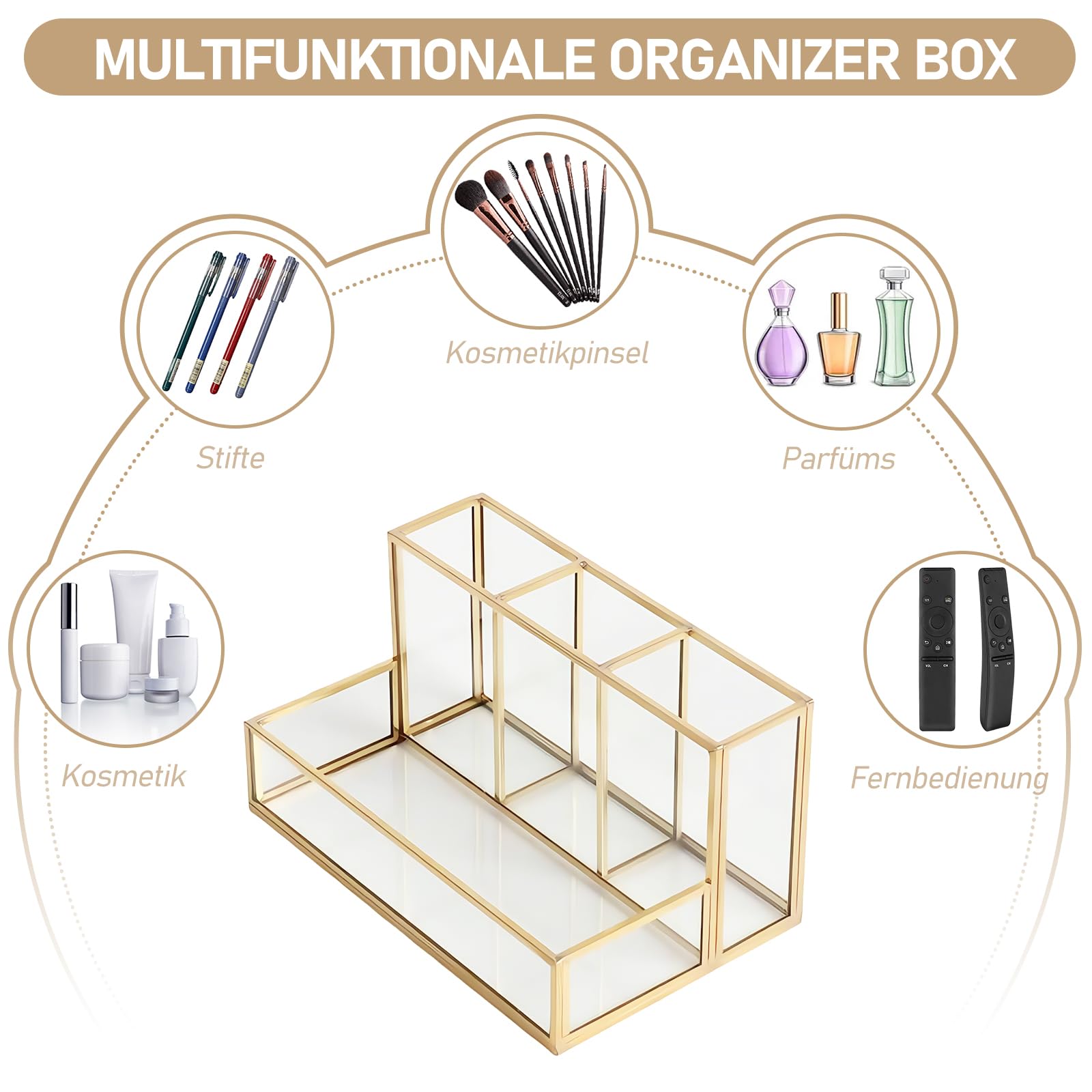HARLIANGXY Make up Kosmetik Organizer, Make up Pinselhalter Glas, Beauty Organizer, Kosmetikpinsel Behälter, Cosmetic Organizer Gold, Schmink Aufbewahrung Box