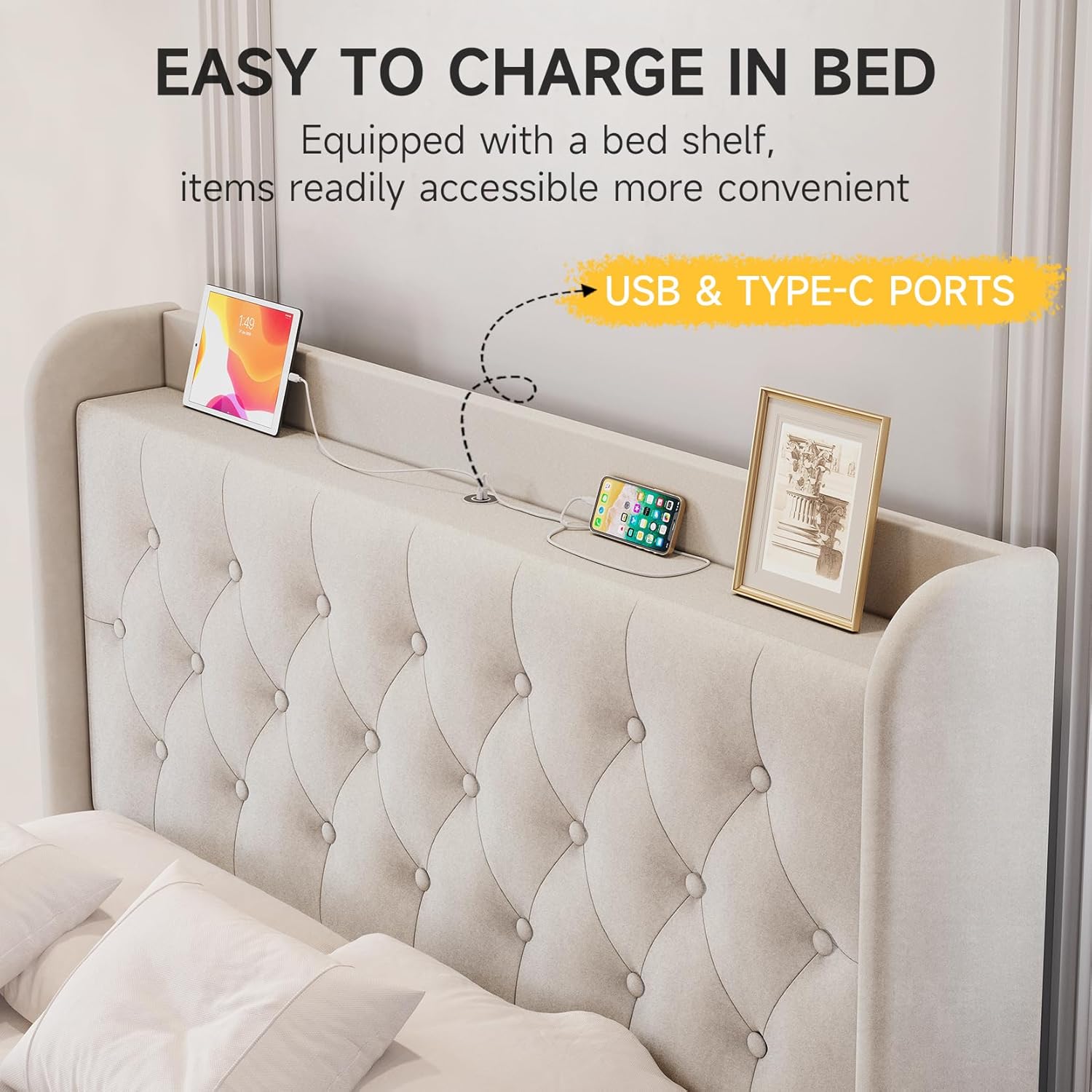 koorlian queen bed frame with usb storage headboard off white