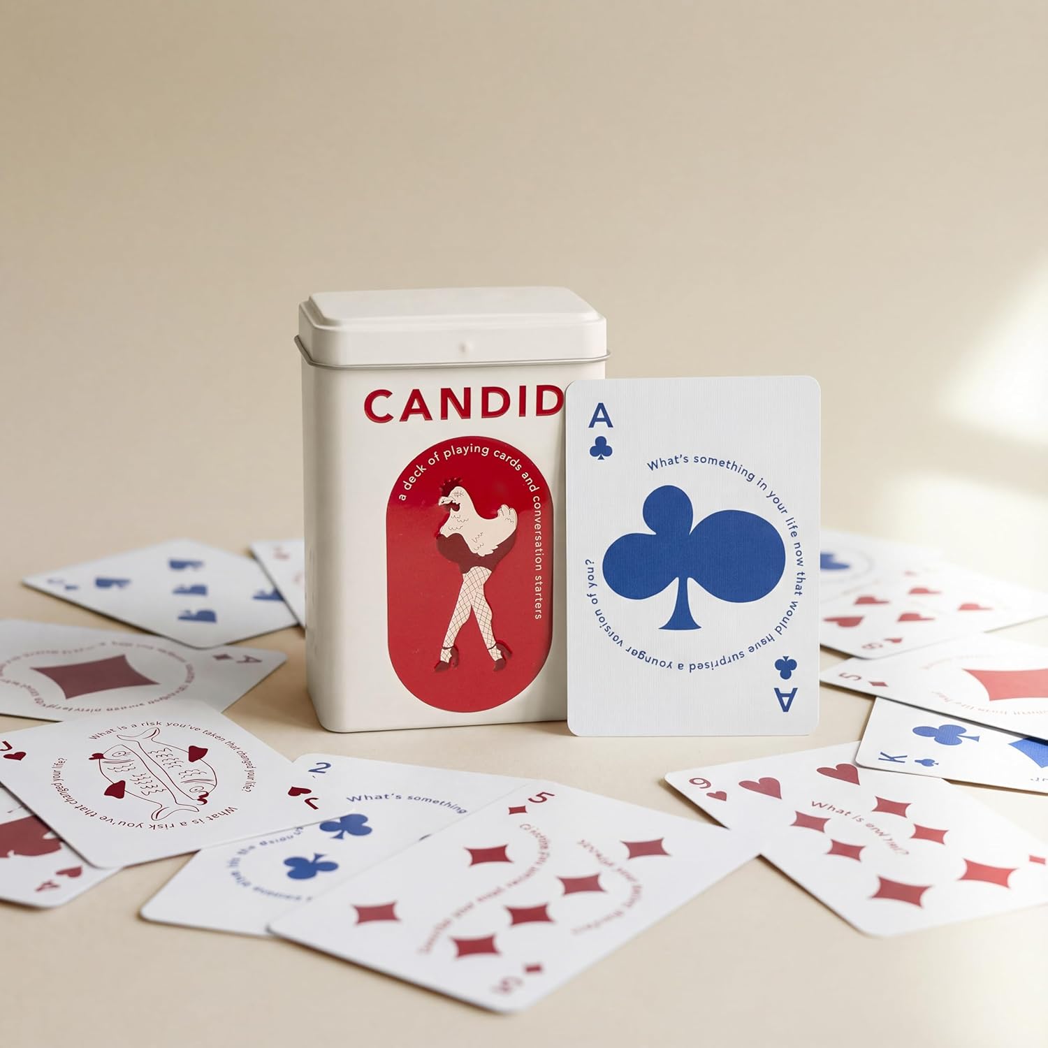 Candid Playing Cards with Conversation Starter Questions, 52-Card Deck in Vintage Metal Tin, Icebreaker Card Game for Adults and Teens, Couples Date Night, Family Game Night