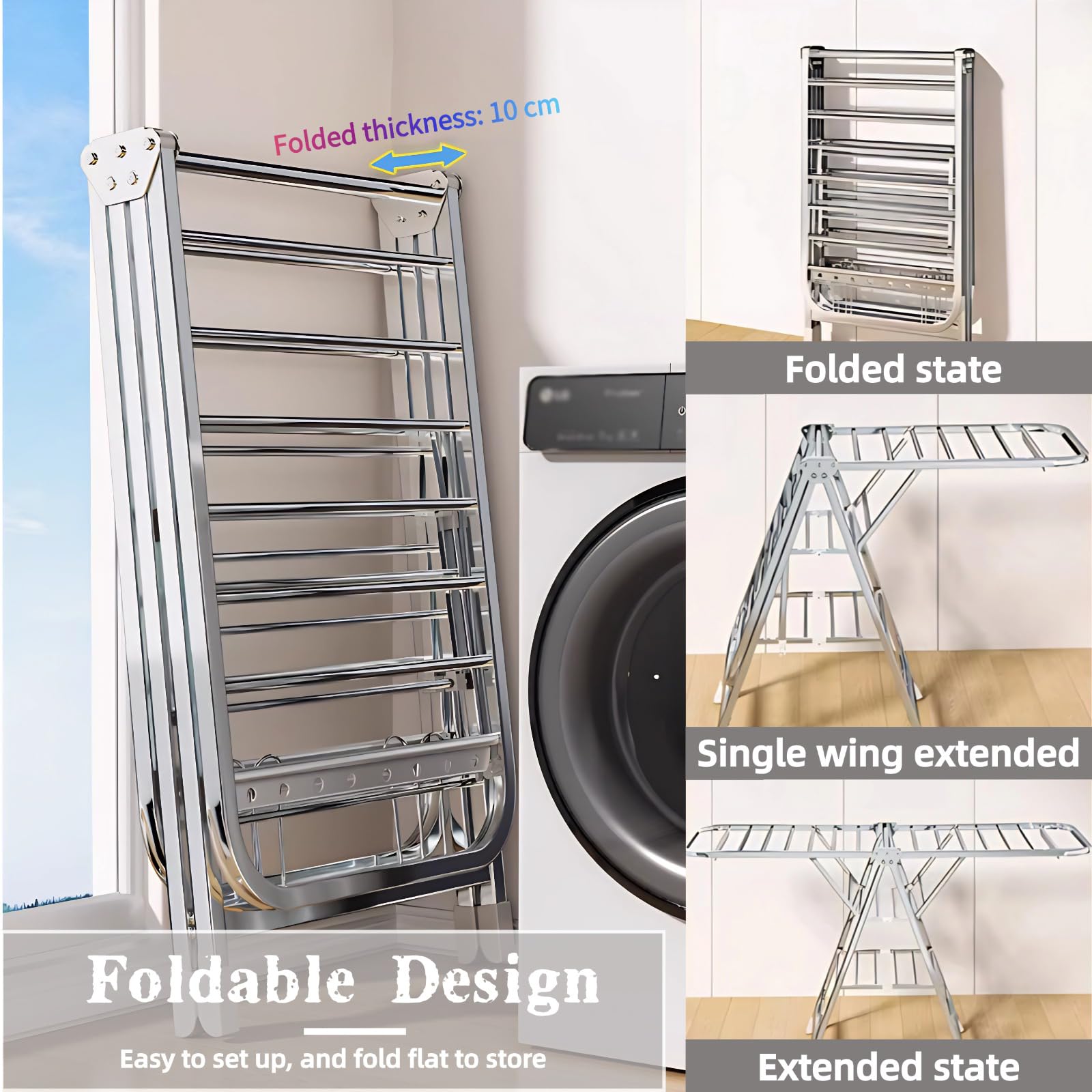 Estante de Secado Plegable con Ruedas, aireador de lavandería de Acero Inoxidable, Barras Ajustables de Altura y de Viento, diseño de Ahorro de Espacio para Uso Interior al Aire Libre