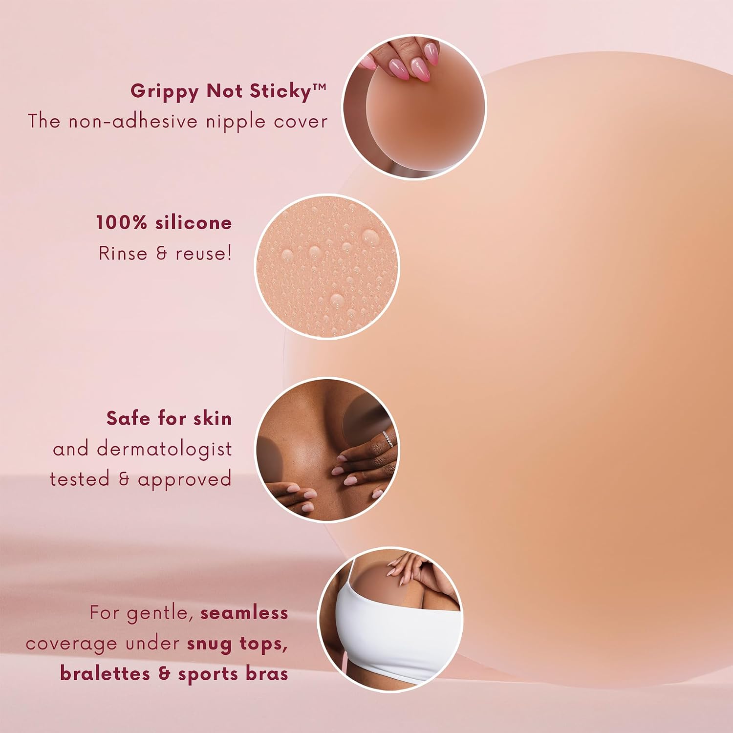 CAKES Body® Grippy Non-Adhesive Silicone Nipple Covers for Women (NO STICKY ADHESIVE) - Reusable, Silicone (Circle)