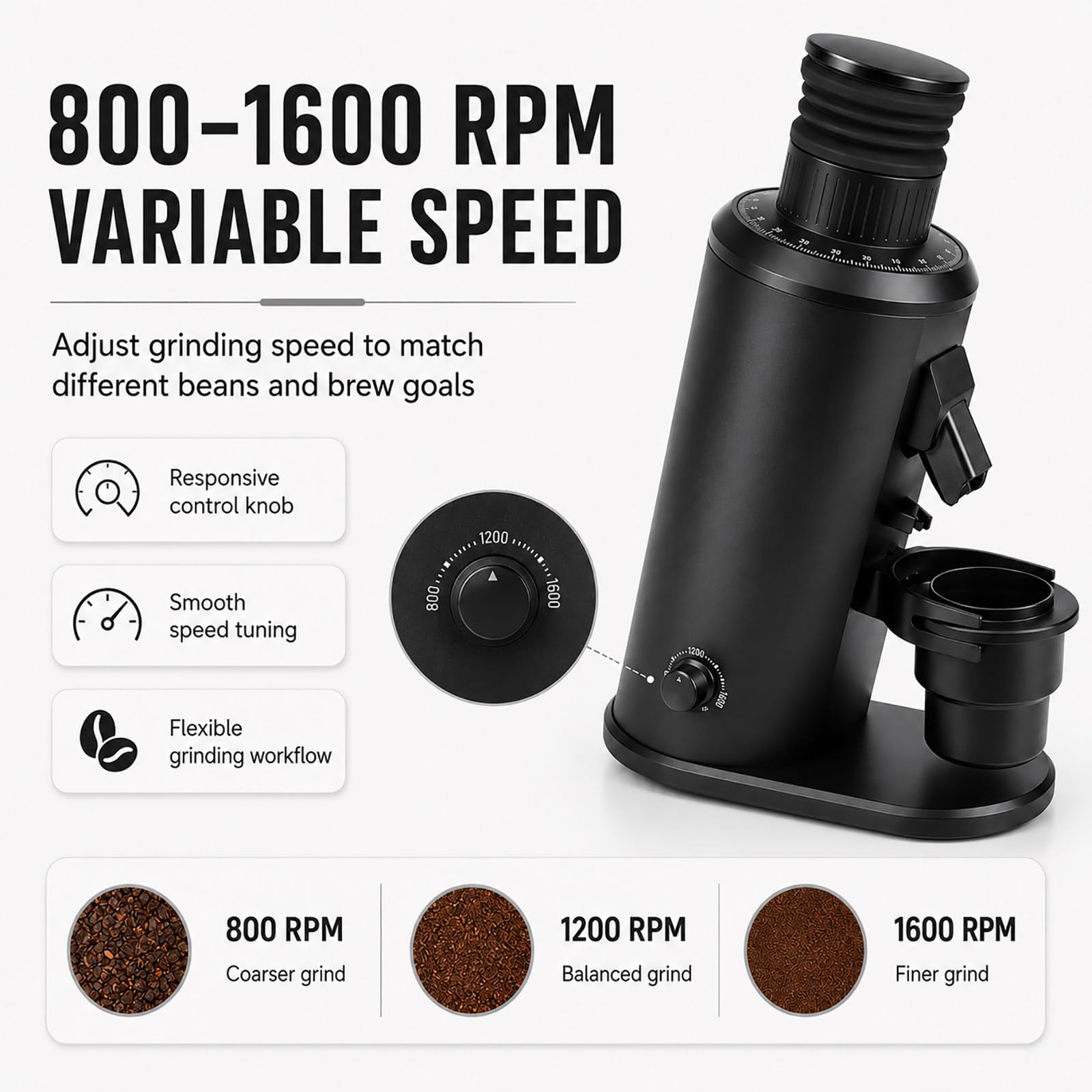 Młynek do espresso – płaski młynek do kawy 80 mm z ustawieniami mielenia 0-100, zbiornik na fasolę 70 g, regulowane obroty na minutę i widelec portafiltrowy