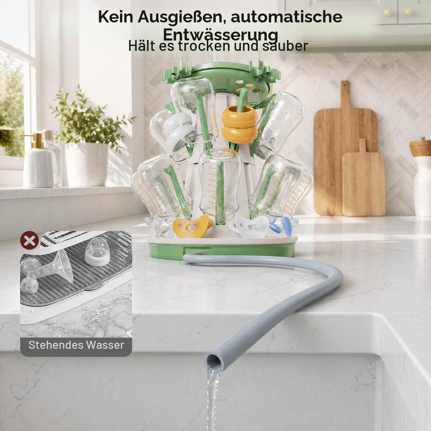 Trockenständer Babyflaschenr, 20 Haken abtropfgestell flaschen, platzsparender Stand Arbeitsplatte Trockenständer, vertikaler Flaschentrockner Halter mit Abflussrohr, für Babyflaschen und Babyzubehör