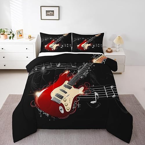 Erosebridal Juego de edredón de guitarra, juego de edredón de notas musicales para adolescentes, tamaño King, juego de ropa de cama de hip hop con