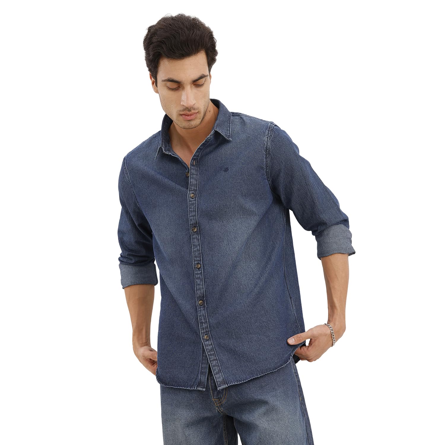 wrogn Men's 100% Cotton Denim Shirt | Solid Indigo Wash | Slim Fit-picture-12