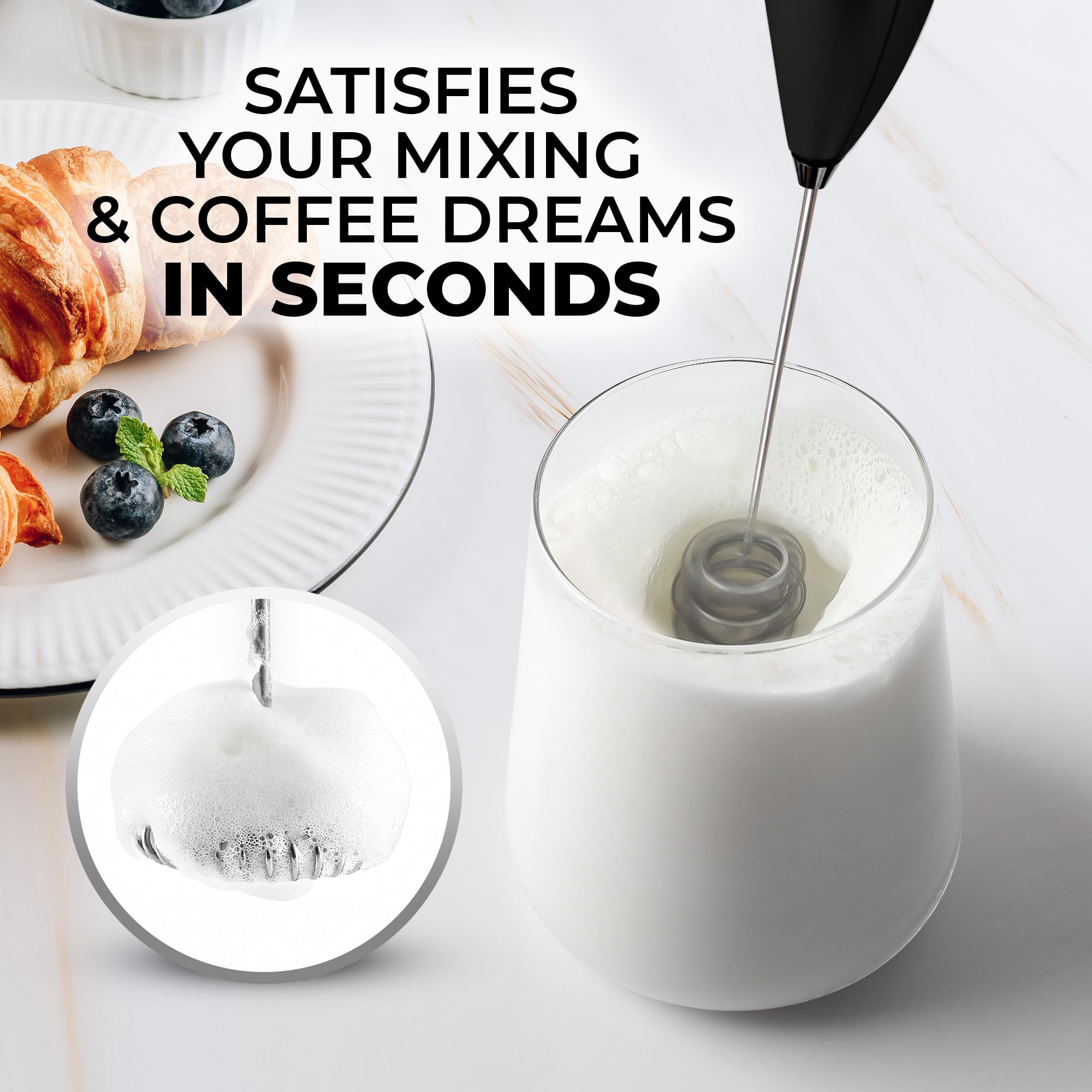 Zulay Kitchen Tornado Mousseur à lait breveté à triple fouet avec 4 piles Duracell – Machine à mousse portable pour café, latte, matcha et chocolat chaud – Mousse riche et crémeuse en quelques