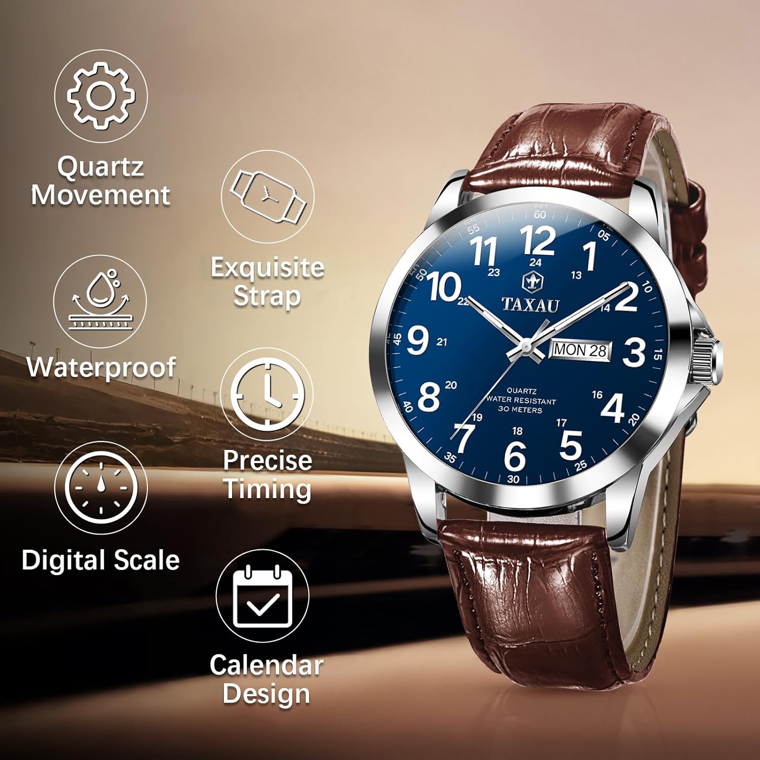 Men's Watches Leather Band Stainless Steel Quartz Analog Watch Luxury Waterproof Watches for Men Dress Men's Wrist Watch with Day Date Arabic Numeral Relojes para Hombre - Image 2