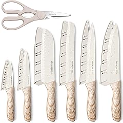 Astercook Knife Set, 13 Pieces Kitchen Knives Set with Ceramic Coating, Stainless Steel Chef Knife Sets with 6 Blade Guards, Dishwasher Safe Sashimi Knives For Fish with Wooden Handle, White