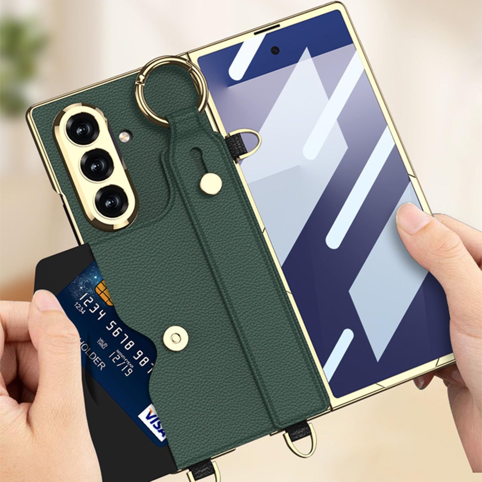 Generisch Etui do Samsung Galaxy Z Fold 7, skórzana bransoletka stojak przegródki na karty pokrowiec na telefon komórkowy metalowy łańcuszek etui ochronne folia ochronna na wyświetlacz osłona (Green2)