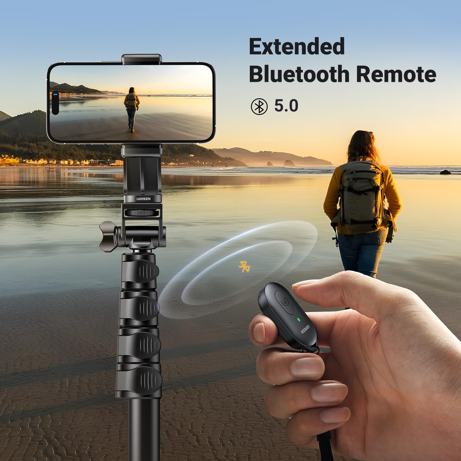 UGREEN 3 en 1 Perche Selfie Bluetooth Téléphone Télescopique | Rotation 360°Stick Trépied Télécommande sans Fil Stabilisateur Inclus Compatible avec iPhone 17 Pro Max Air 16 15 14 13