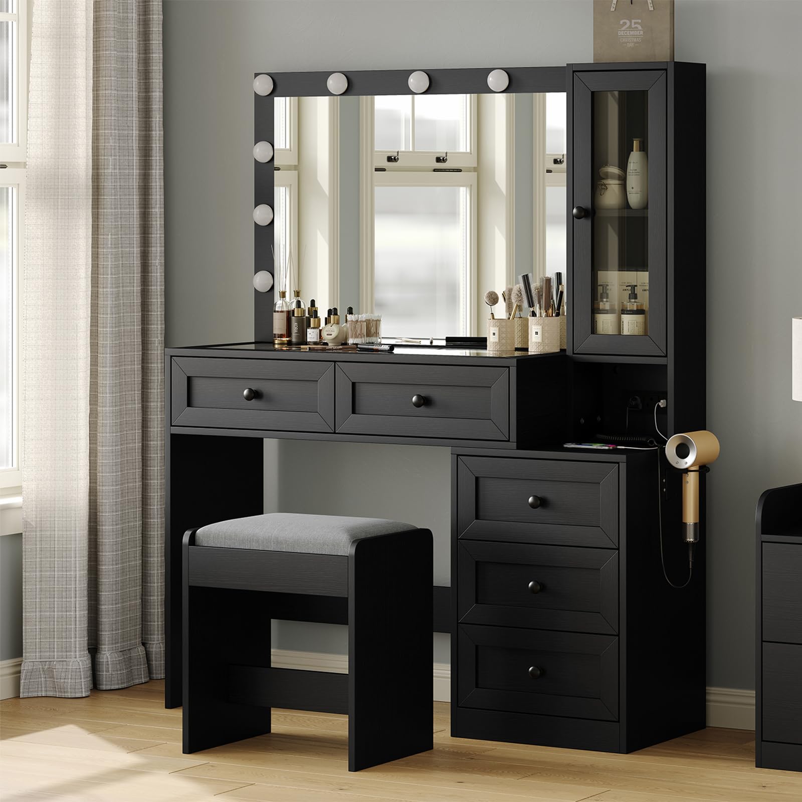 CollaredEagle White 43" W Vanity Desk with Mirror & 11 Lights, 3 Drawer & 2 RGB Drawer Modern Makeup Desk with Glass top & Cushioned Stool, 3 Lighting