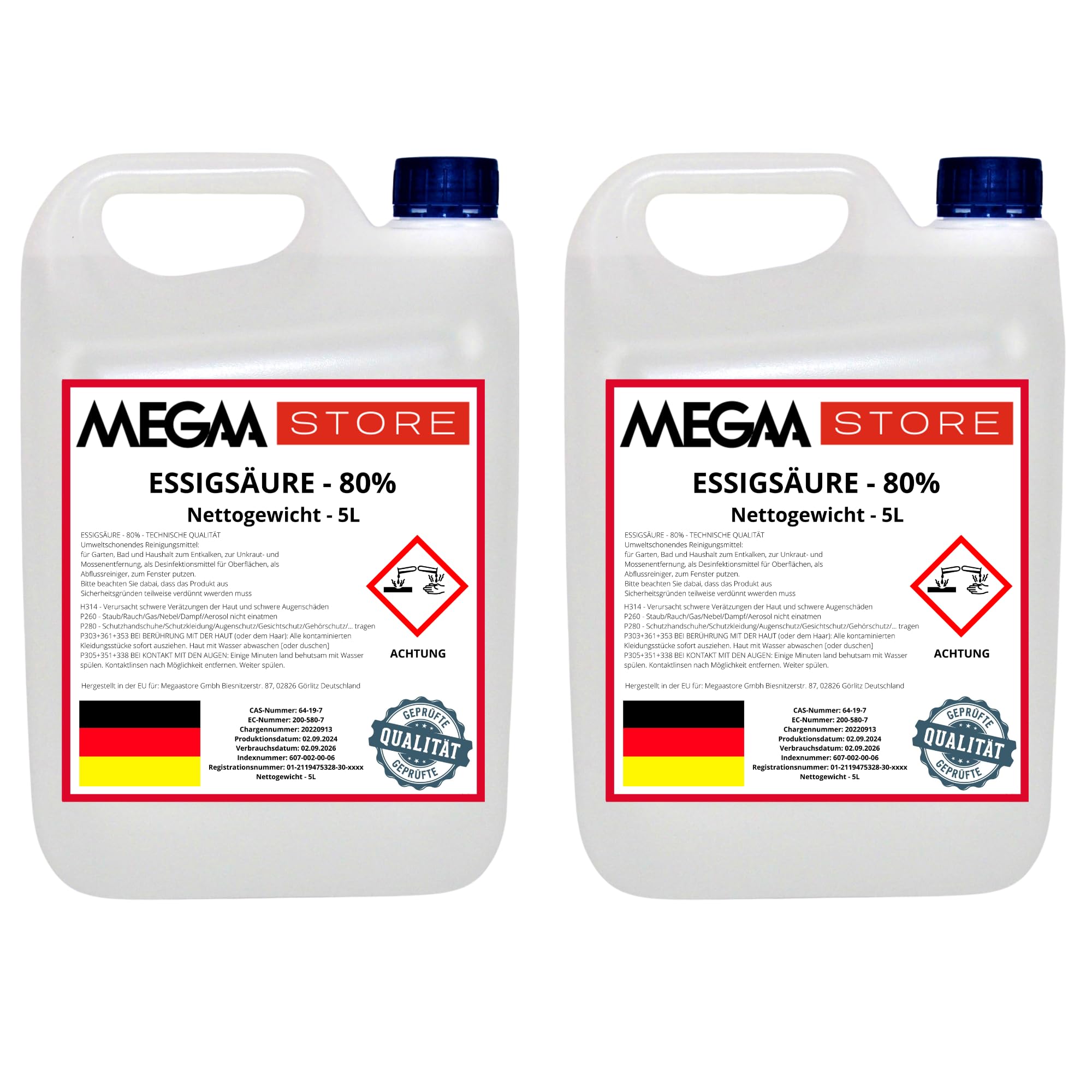 Megaastore Essigsäure 80% (E260) (UN2790) | Ideal als Reiniger und Entkalker für Haus und Terrase | 10 Liter