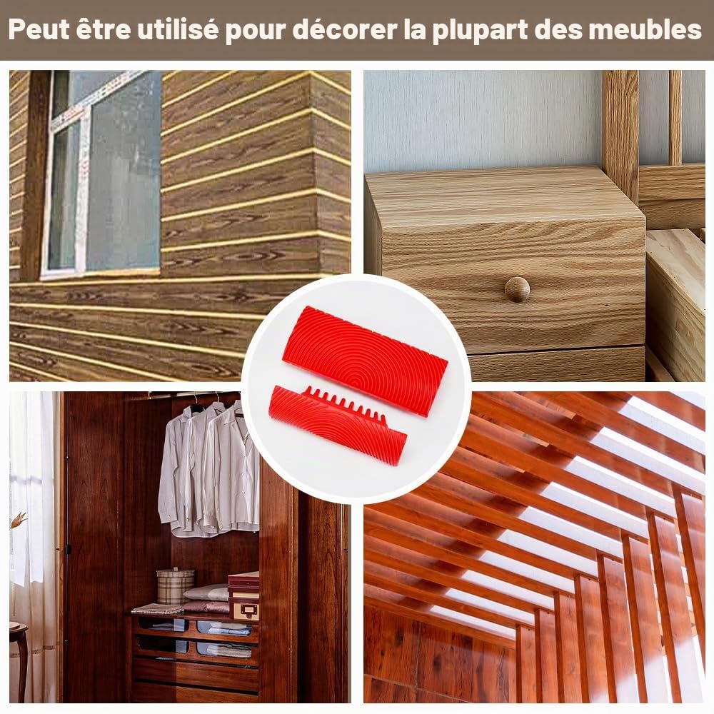 2 PCS Outil de Grain de Bois en Caoutchouc Peinture de Grain de Bois Peinture Imitation Grain Grain à Effet Bois pour Murs Meubles Portes en Bois Cadres de Fenêtres