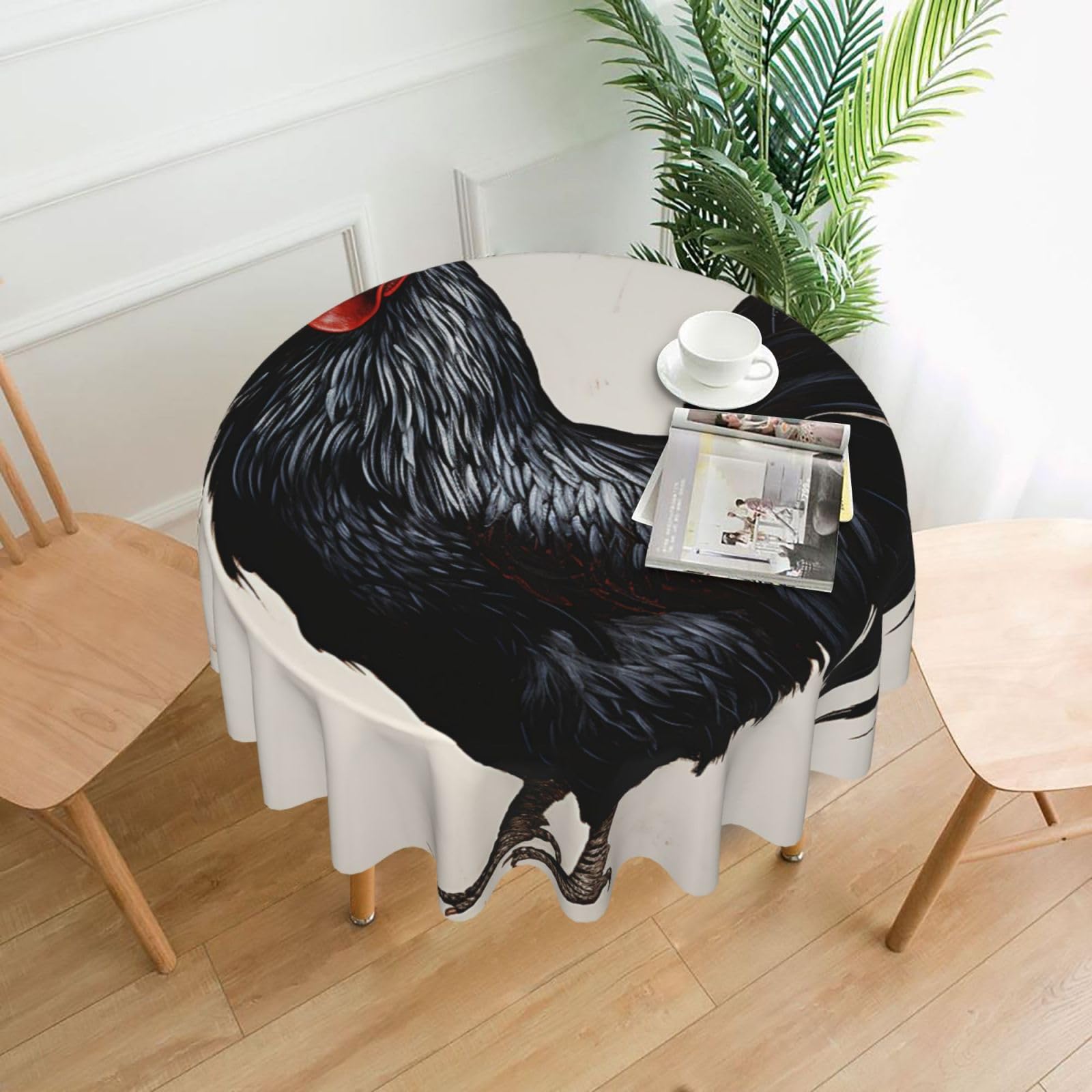 FodPand Black Rooster Tablecloths for Round Tables 60 Inch - Reusable Washable Dining Table Clothes - Stain and Wrinkle Resistant Decorative Fabric Table Cover for Wedding Party