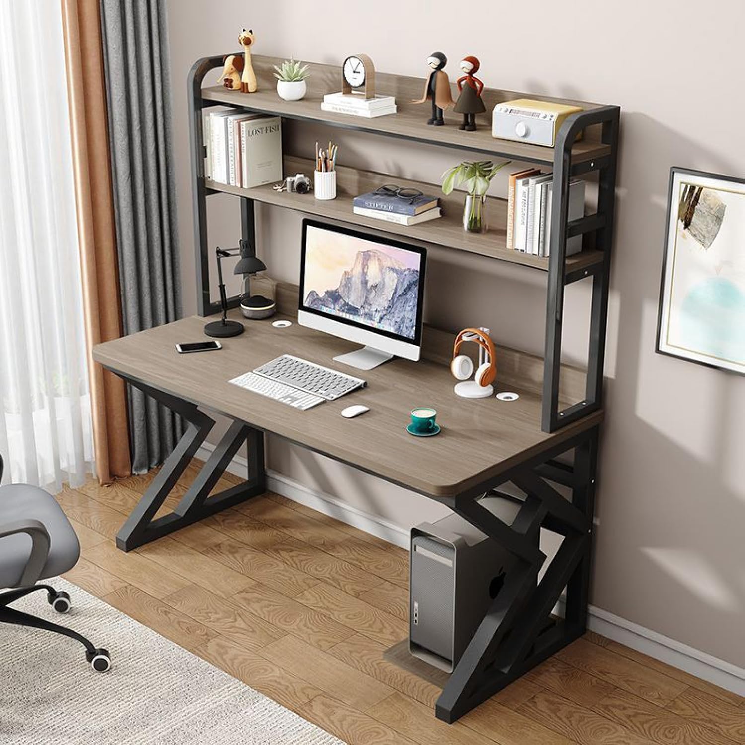 Wdsopk Gray1 Industrial Computer Desk With Sturdy Metal Frame, Modern Study And Writing Table For Students, Storage Shelves, 120X60 Cm Workspace Solution（-100X60x170cm）