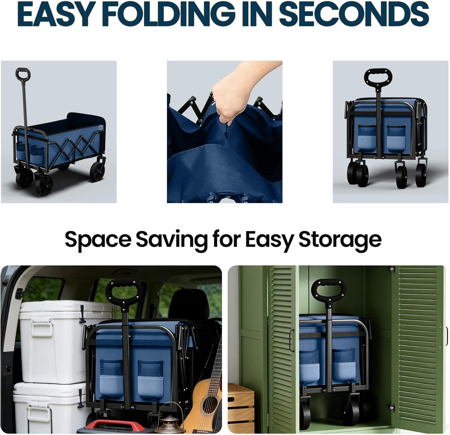 Collapsible Wagon with Wheels, Wagons Carts Foldable, Lightweight Portable Utility Shopping Cart, 360lbs Folding Grocery Wagon Carts with Flexible Handle, for Camping, Shopping, Garden, Sports