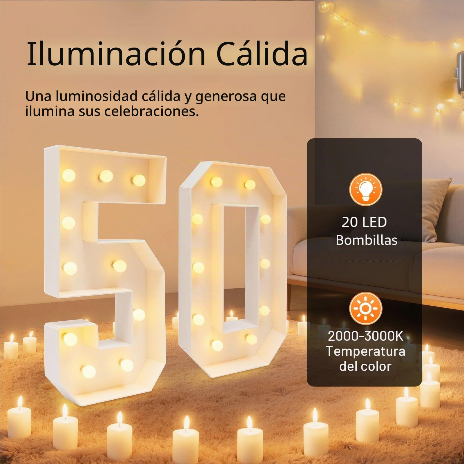 Figuras luminosas LED 2000-3000 K en altura 100 cm, decoración de cumpleaños 30/40/50, brillantes figuras gigantes para cumpleaños, boda, fiesta (50)