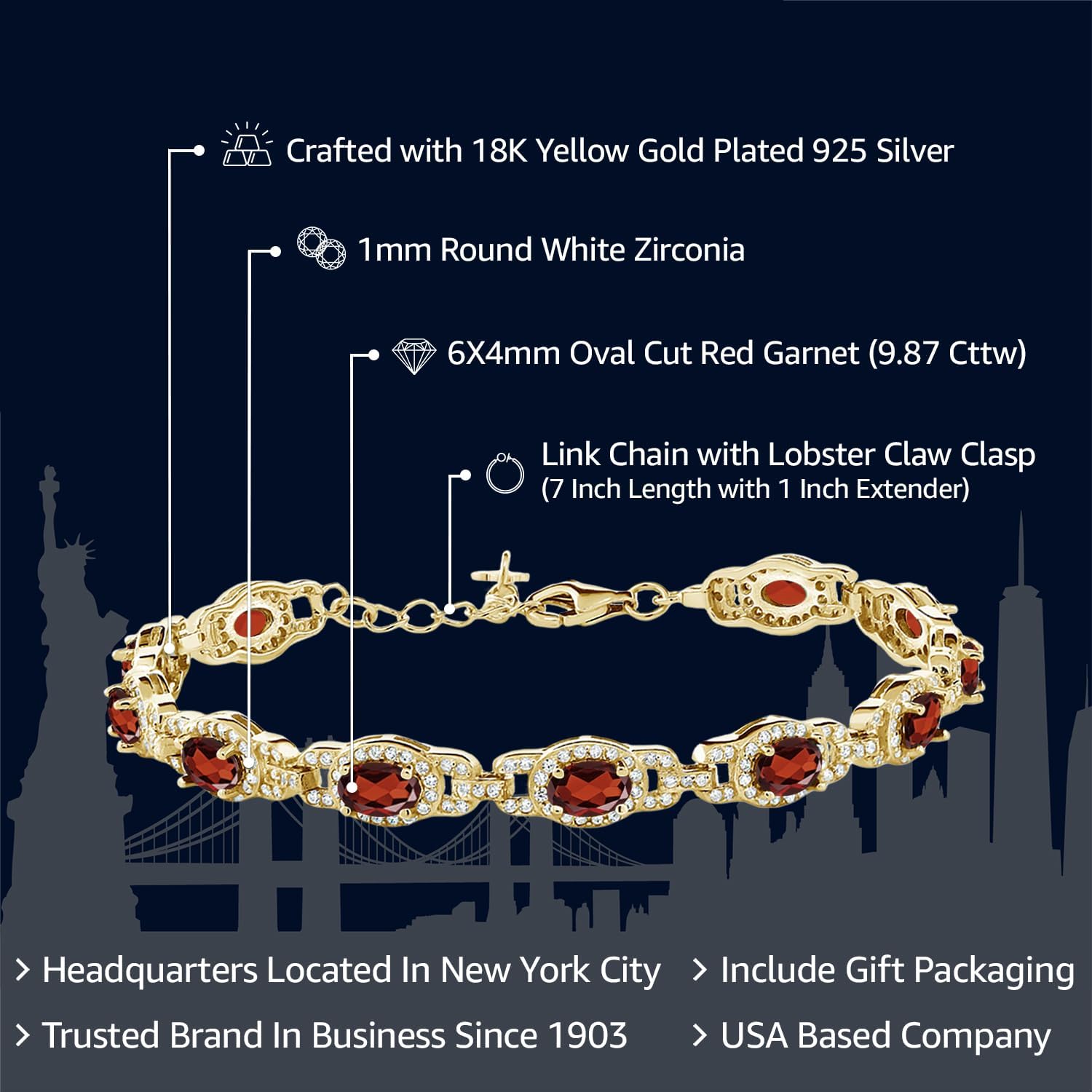 Gem Stone King 18K Yellow Gold Plated Silver Oval Gemstone Birthstone Tennis Bracelet For Women | Oval 6X4MM | 7 Inch With 1 Inch Extender | Fine Jewelry Gifts for Her Mom Women Wife - Image 2